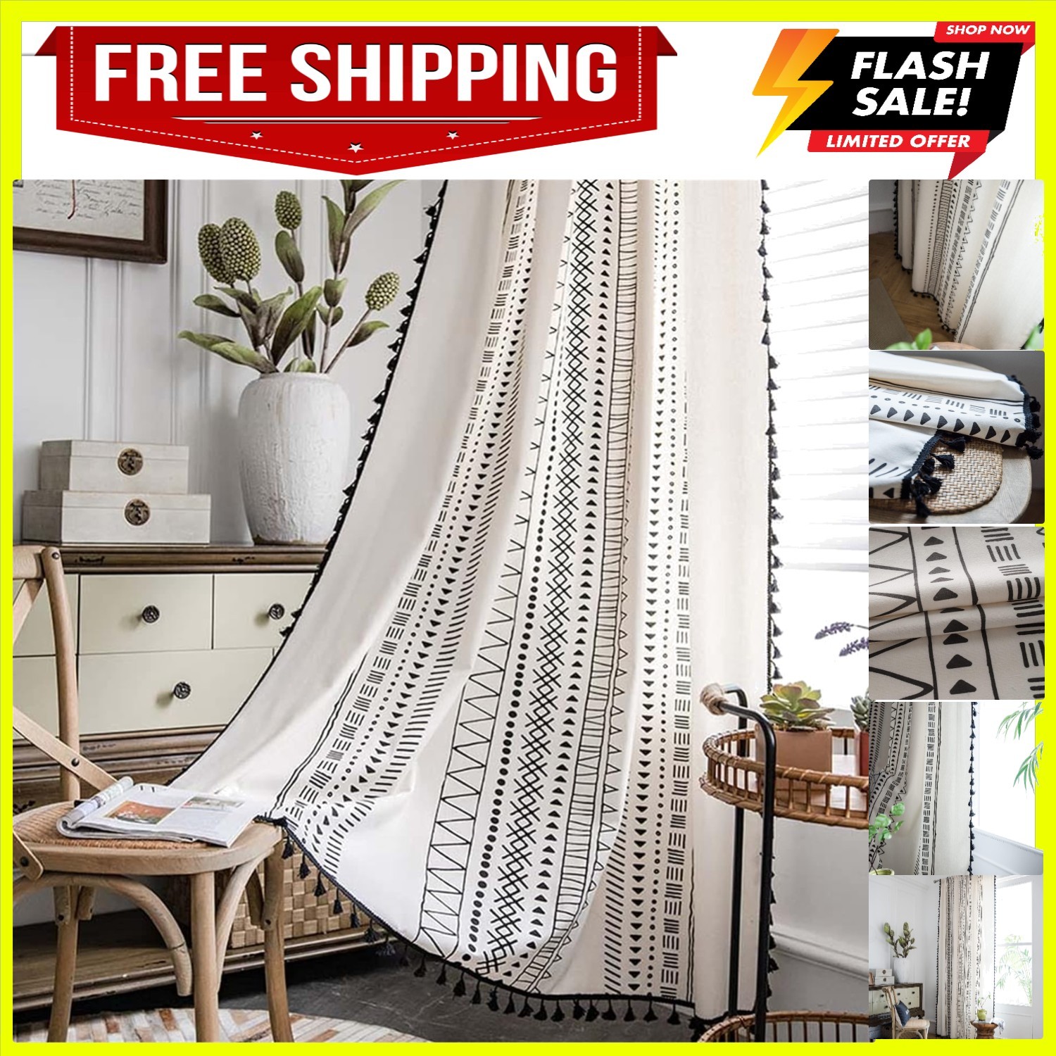 Bohemian Geometric Print Curtains 84” Long with Tassel – Cream & Black Elegance