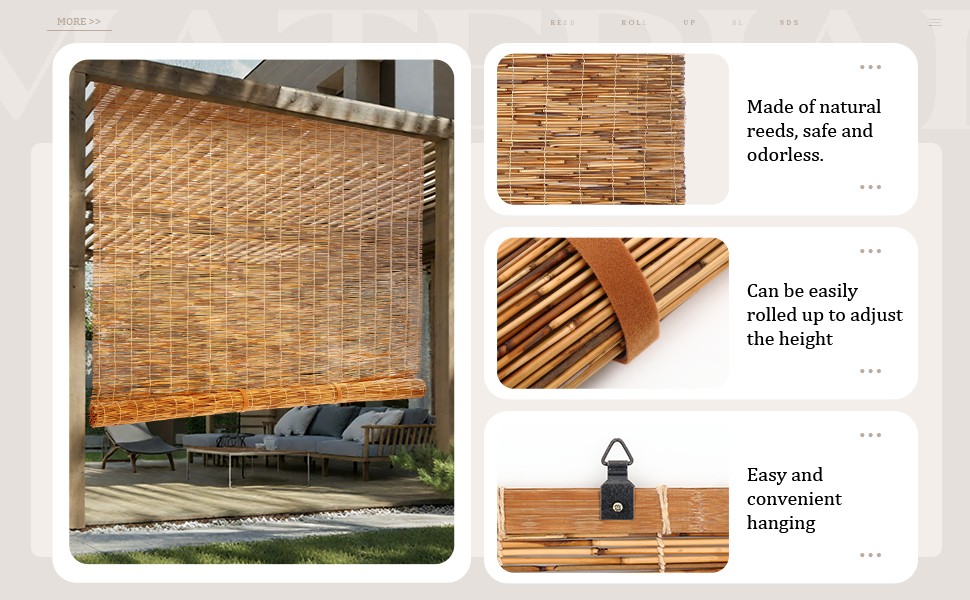 3 Pcs Bamboo Shades Outdoor Reed Roll Up Blinds 48″ W x 72″ H Blackout Sunshade