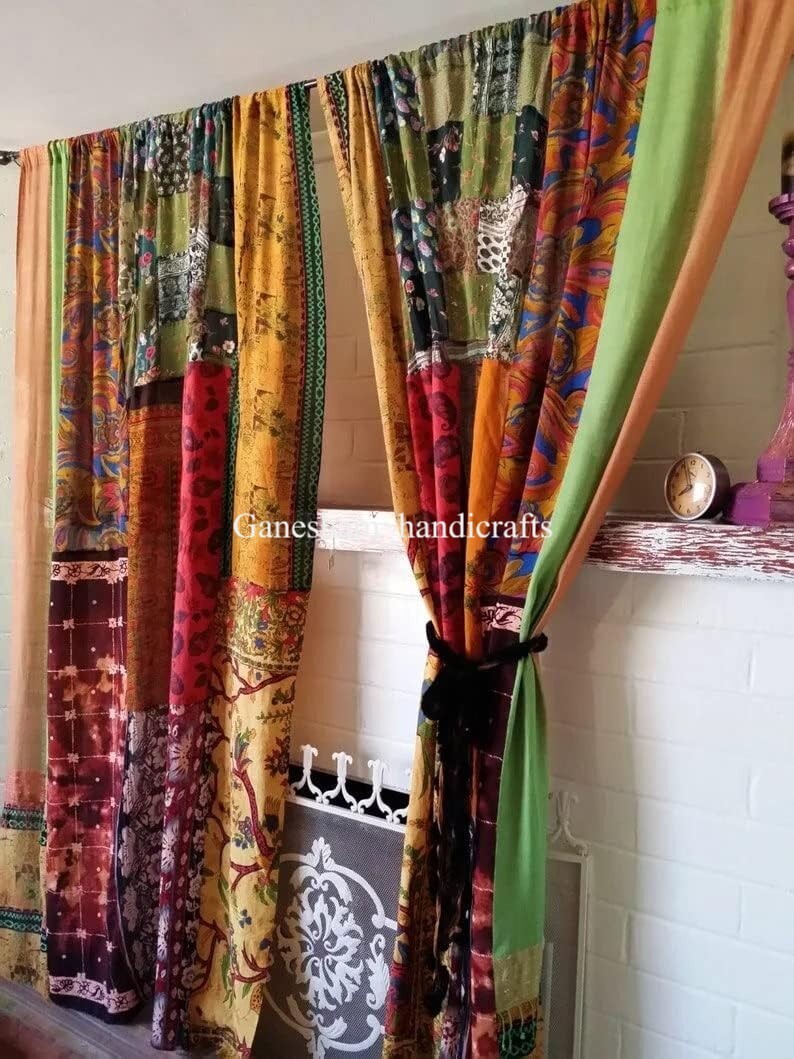2 Pcs Indian Sari Patchwork Curtain Drape Window Decor Multi Silk Sari Curtain