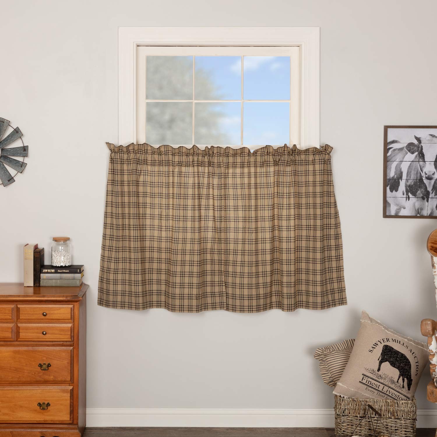 VHC Brands Farmhouse Kitchen Window Curtains-Sawyer Mill Plaid Tan Tier Pair, 36