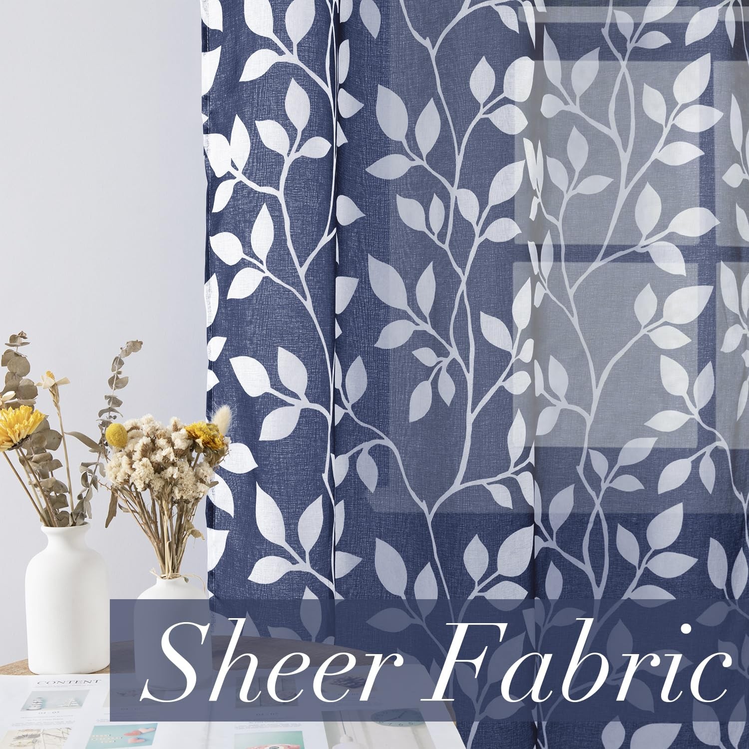 XTMYI Navy Blue Pattern Curtains 84 Inch Length for Living Room 2 Panels Set,Lea