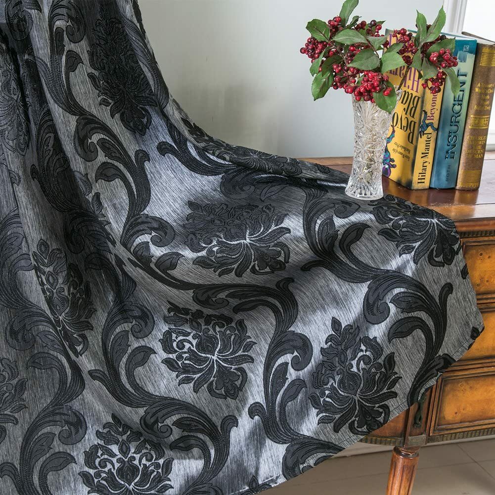 Set 2 Black Damask Elegant Curtains Panels Drapes Pair 84 96 108 in L Darkening
