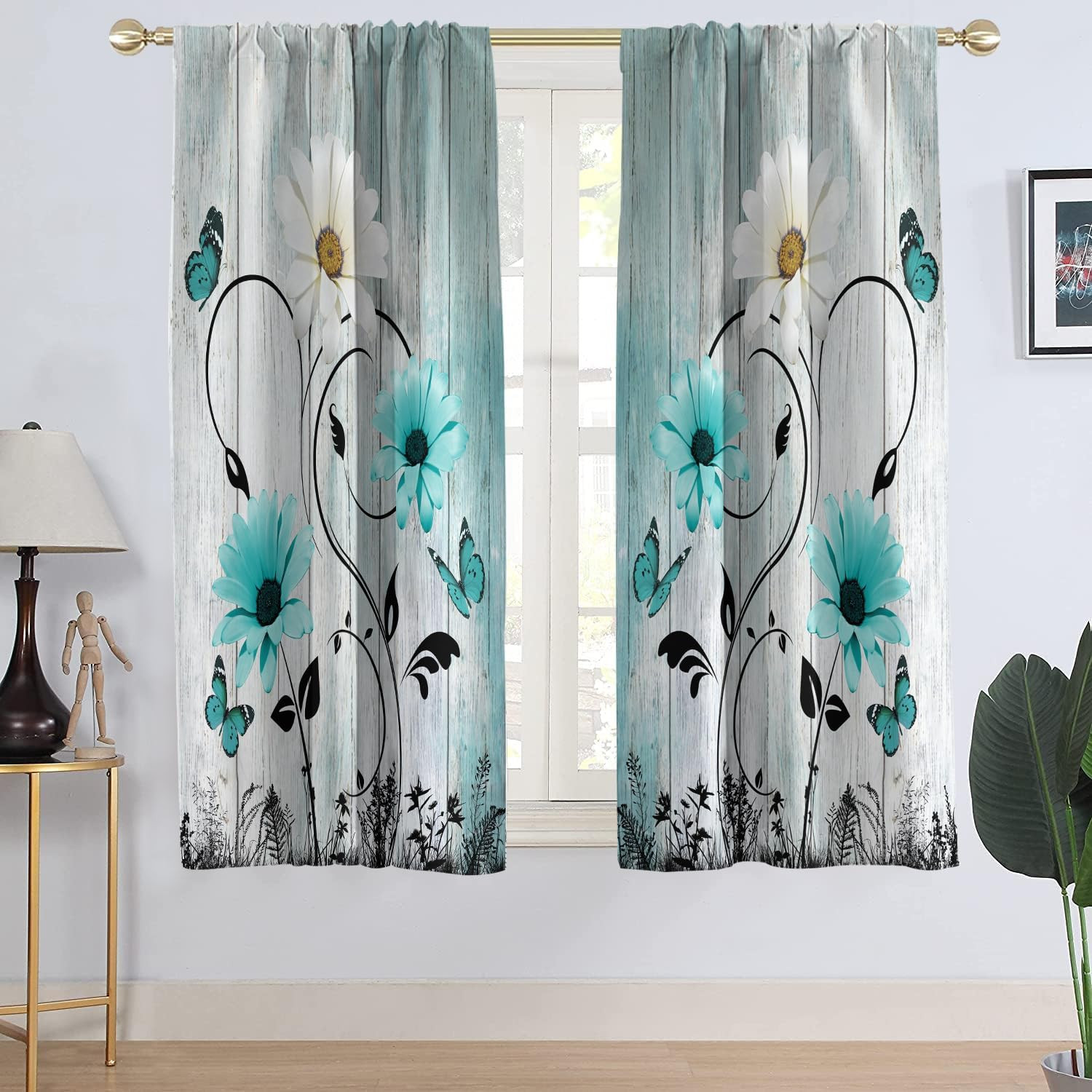 Teal Floral Window Curtain Turquoise Flower Farmhouse Rustic Country Aqua Blue D