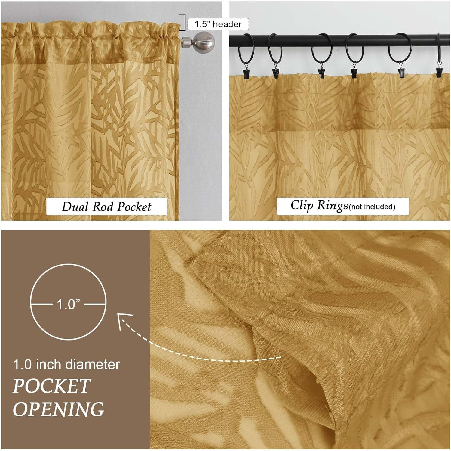 Extra Wide Gold Sheer Curtains 108 Inches Long 2 Panels Set, Leaf Lightweight T