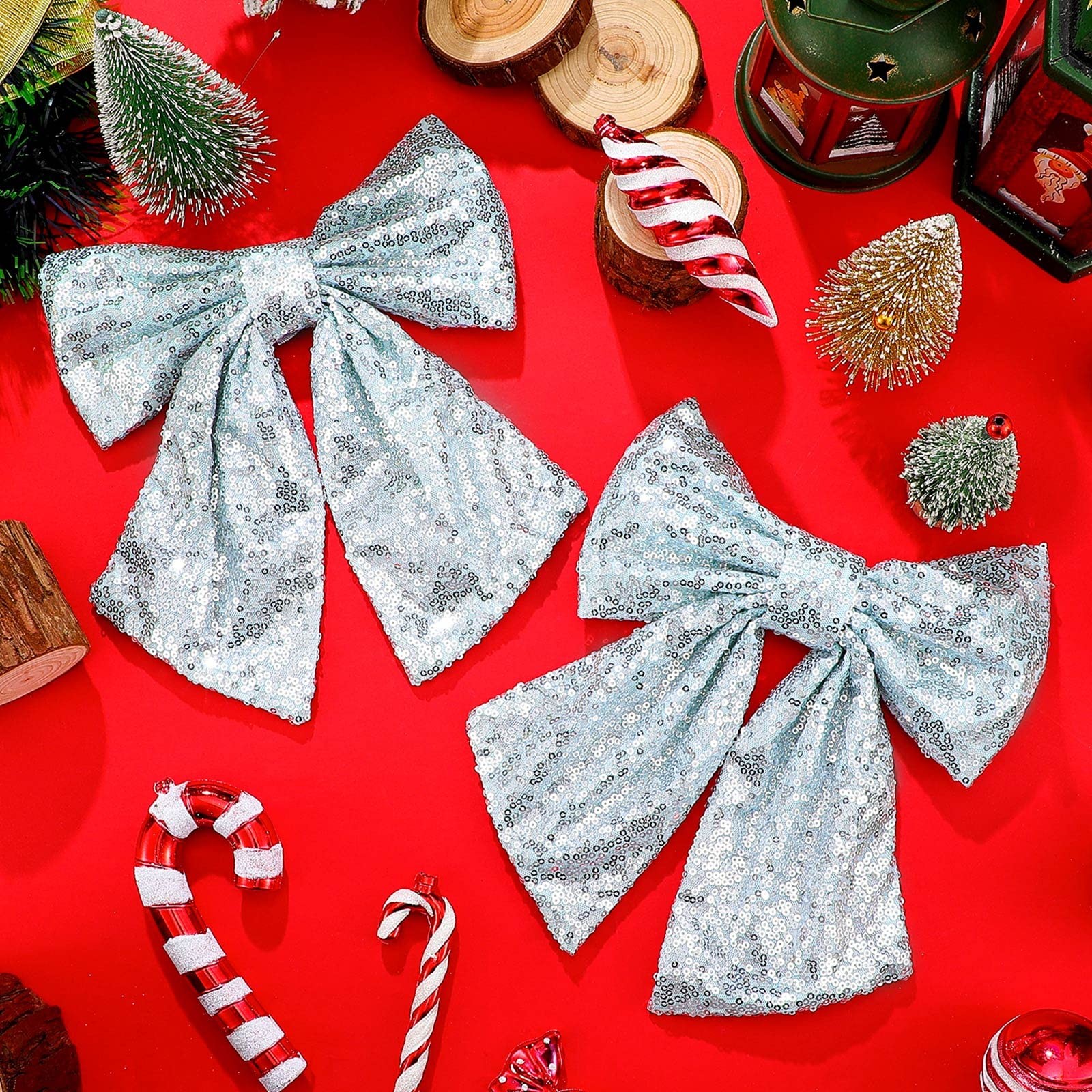 2 Pieces Christmas Bow 10 x 8 Inches Glitter Bows for Wreath Shiny Bow with B…