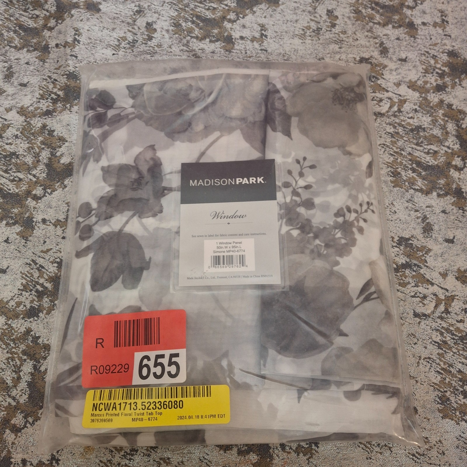 Madison Park Simone Window Curtain Panel 50″ x 95″ Gray Floral Twist Tab Top
