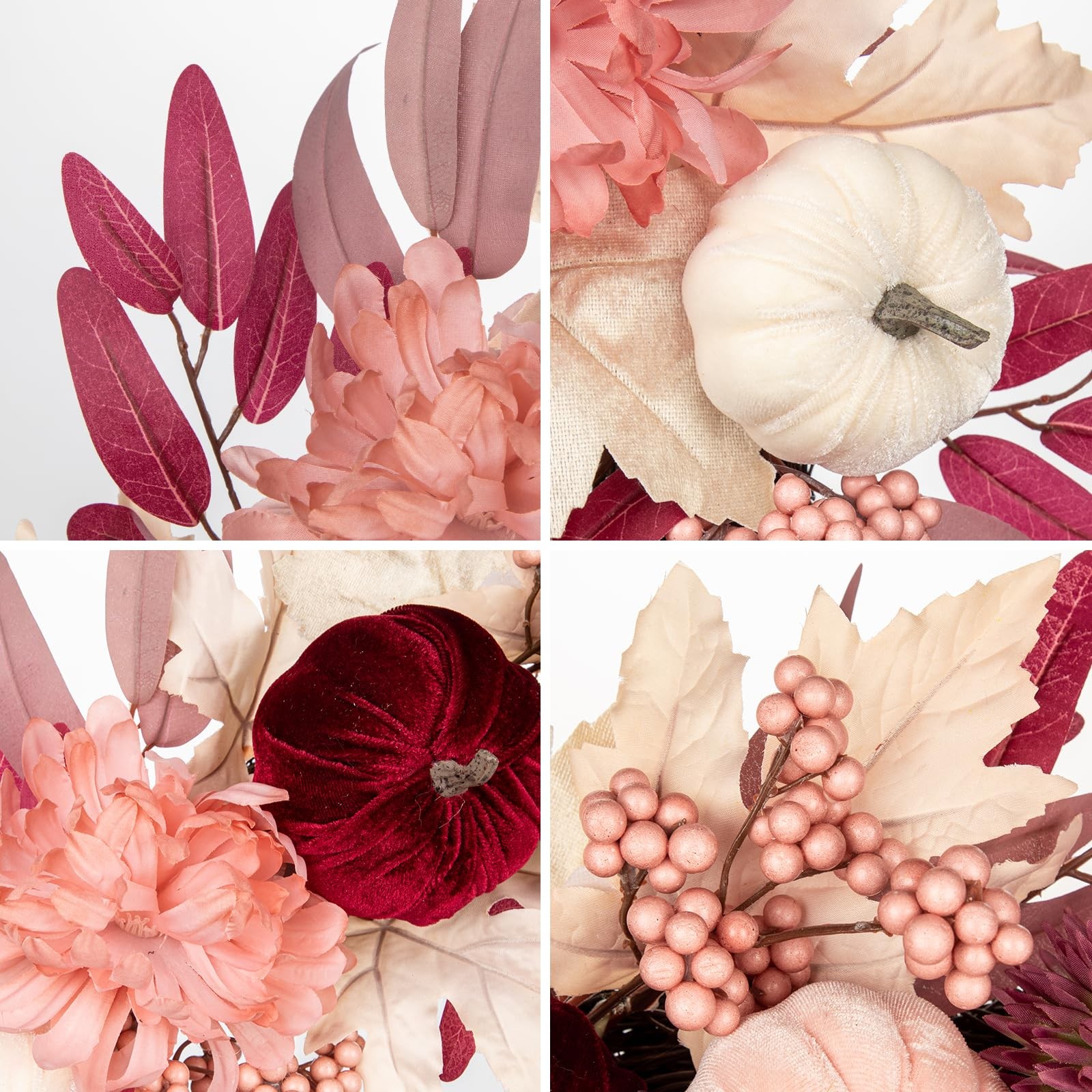 Briful 26″ Artificial Fall Wreath with Velvet Pumpkins, Chrysanthemums & Pink…