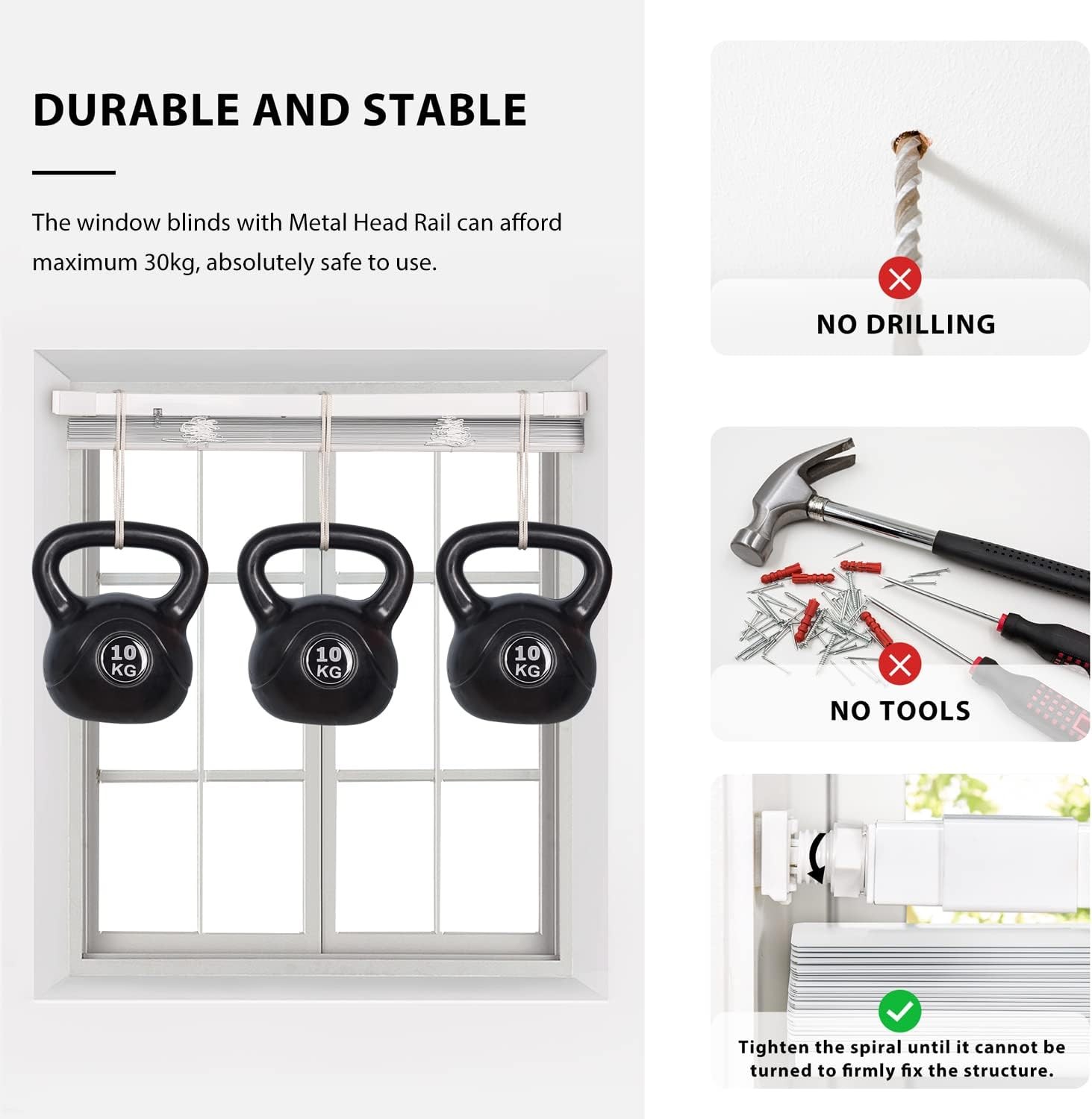 LazBlinds No Tools No Drill Cordless 1″ Vinyl Mini Blinds 28″ W x 64″ H White
