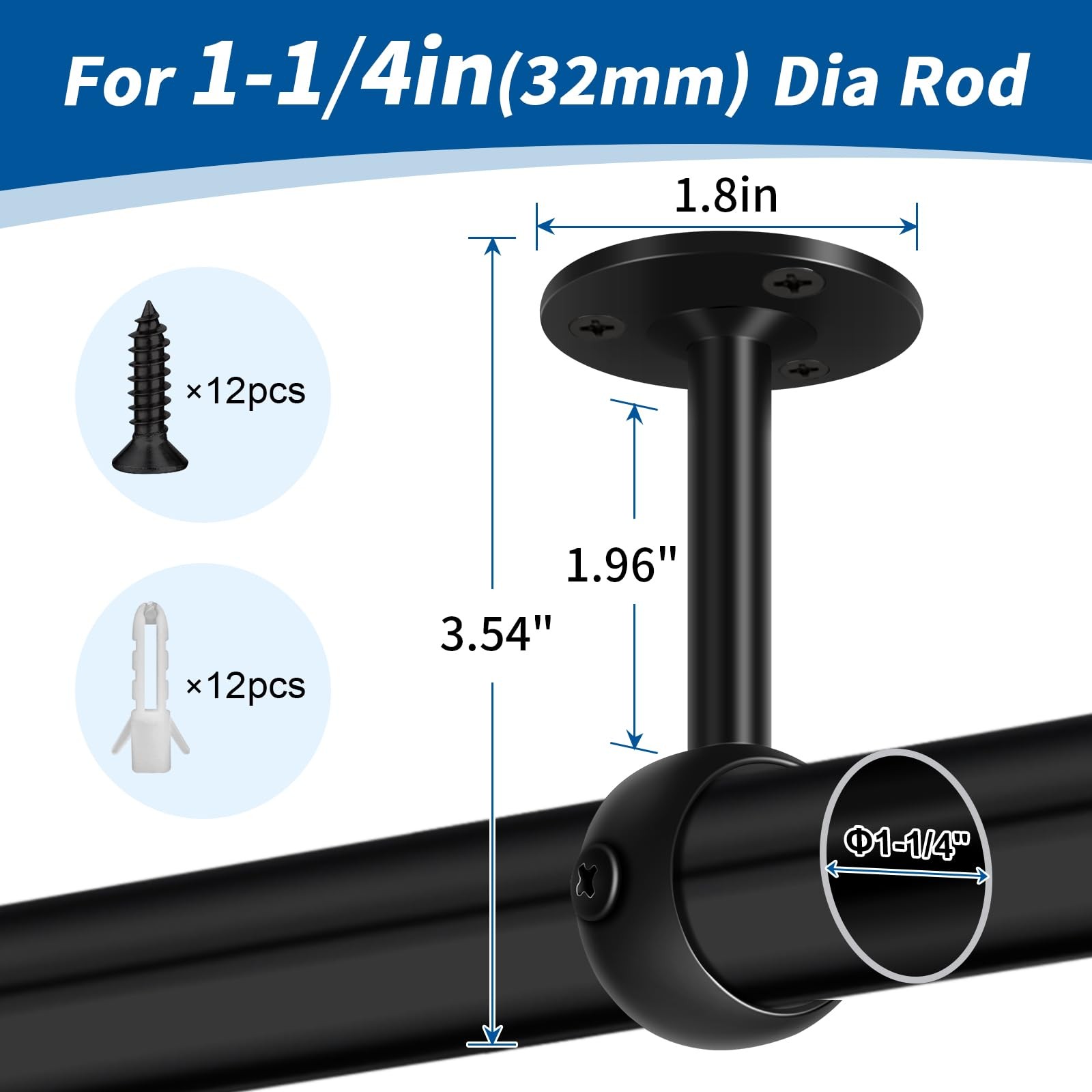 1-1/4 inch Ceiling Curtain Rod Brackets 4 Pack Heavy Duty Holders Black