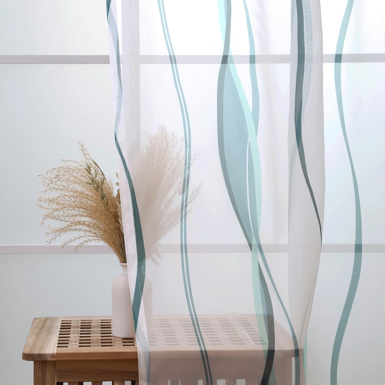 White and Teal Sheer Curtains 96 Inch Long 2 Panels Set for Living Room, Voil…
