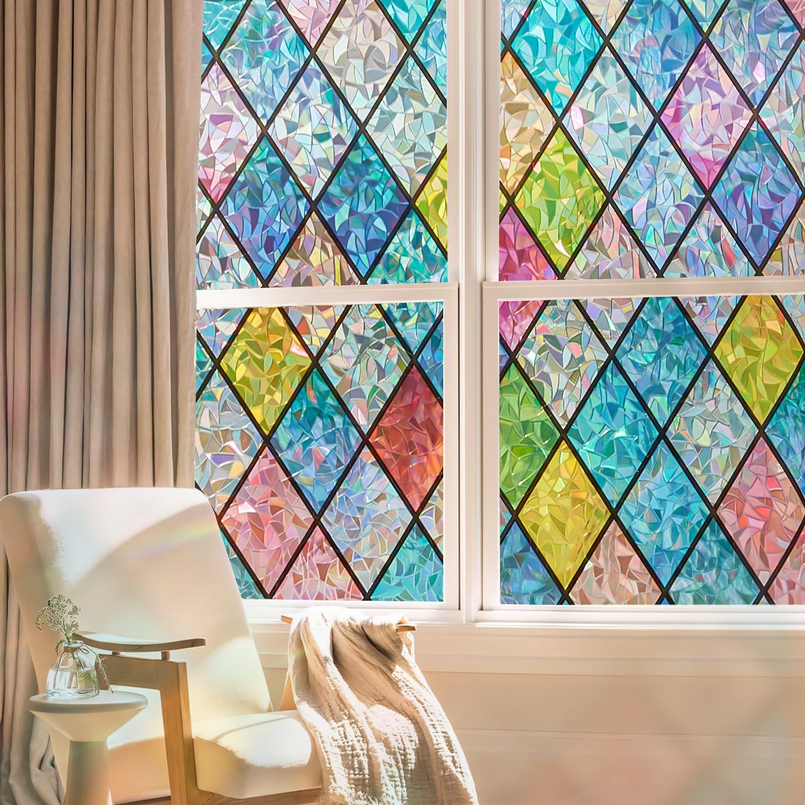 Window Privacy Film Stained Glass,Rainbow Window Film Decorative Peel and Stick