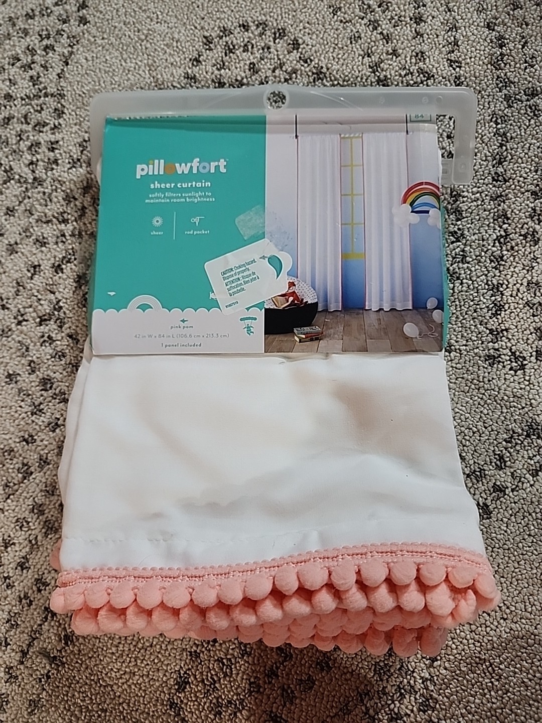 Pillowfort 1 curtain panel 42×84 long white with multi color pom poms New Nip
