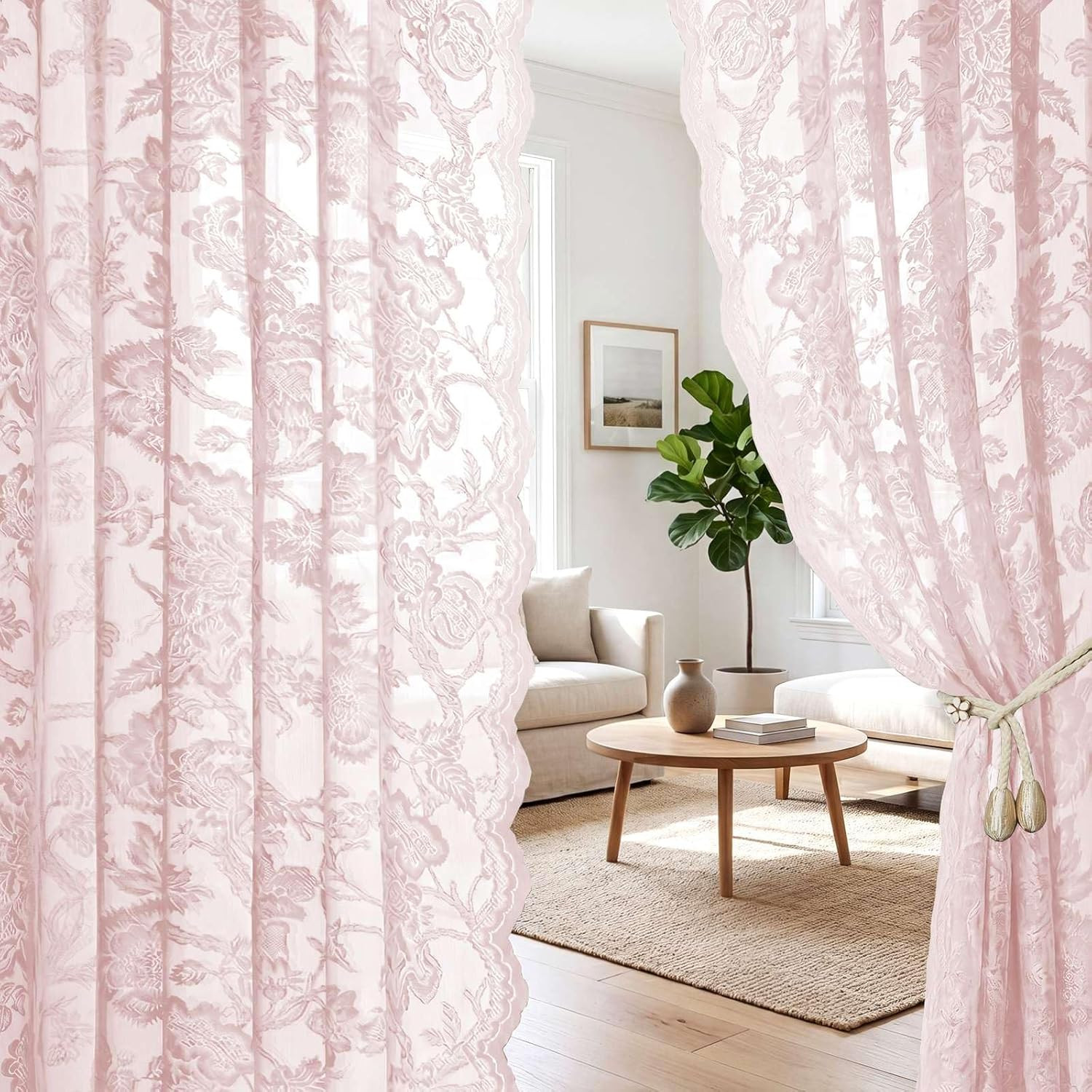 H.VERSAILTEX Light Pink Lace Curtains 54 Inch Length 2 Panels Set Rod Pocket, Fr