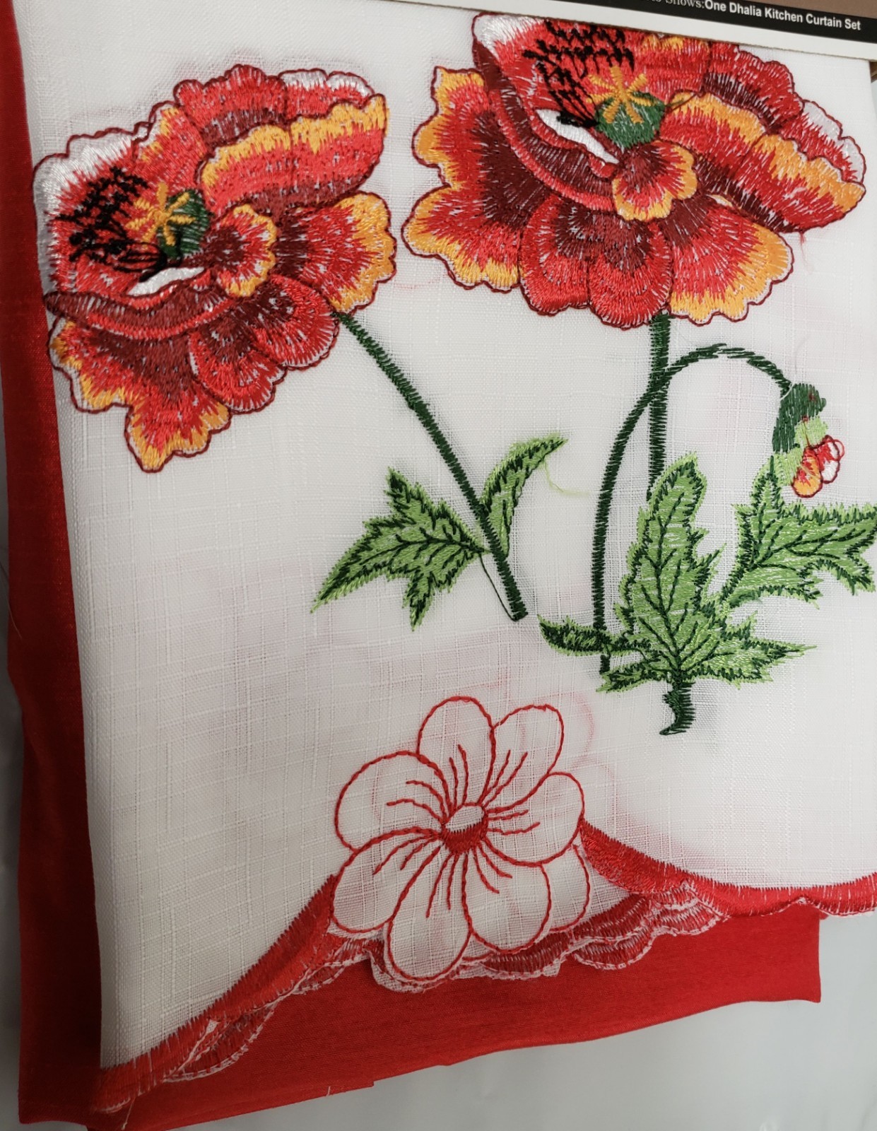 3pc. Embroidery Curtains Set: 2 Tiers & Swag(58″x36″) RED FLOWERS,DHALIA, Editex