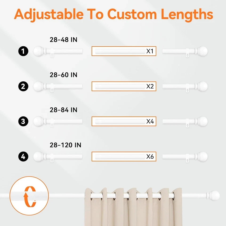 White Curtain Rods for Windows 28 to 48 Inch, 5/8″ Diameter Heavy Duty Metal Sta