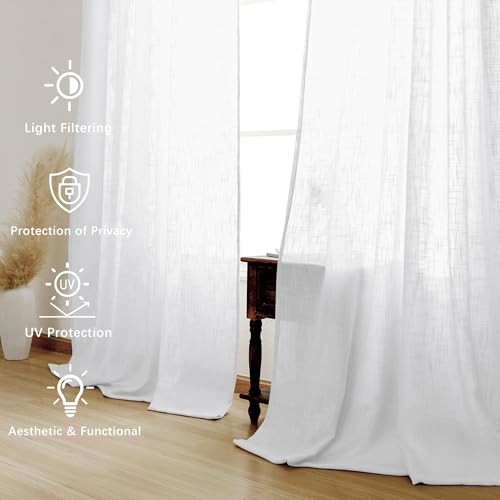 Faux Linen Sheer Curtains – Semi Voile Window 52″W x 96″L (Pack of 2) White