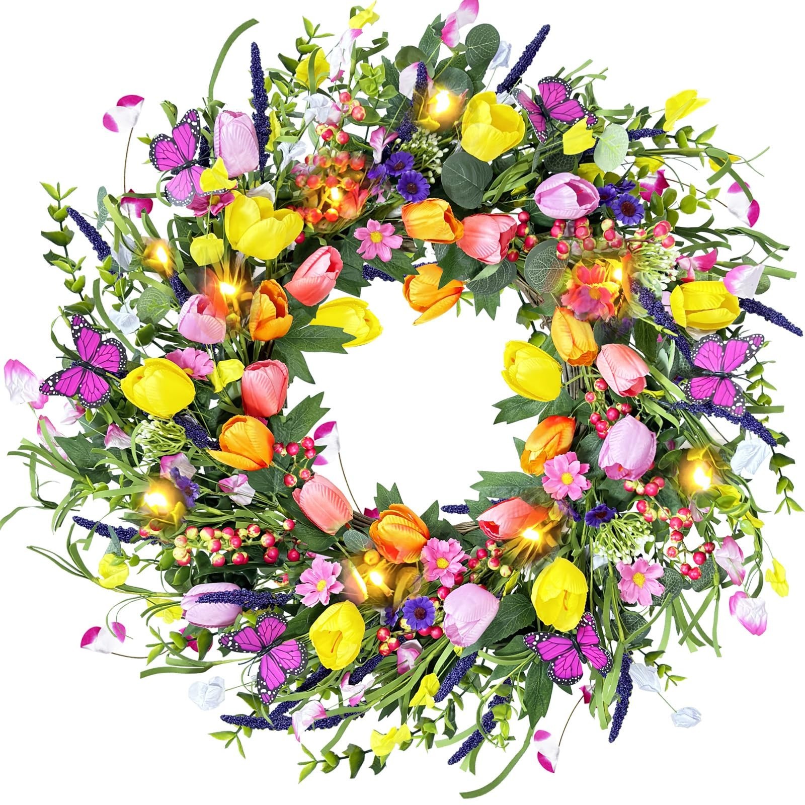 24 Inch Spring & Summer Artificial LED Tulip Wreath with LED Lights, Multicol…