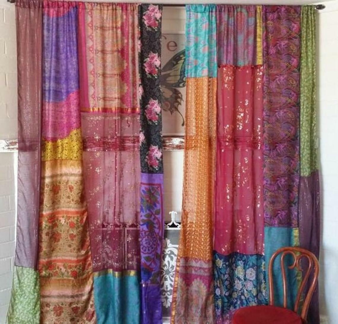 2Pc Indian Old Recycle Silk Saree Boho Multi Curtain Door Drape Decor Curtain