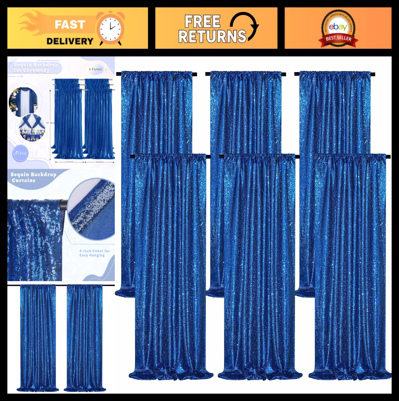 Royal Blue Sequin Backdrop Curtain Drapes – 6 Panels 2ft x 8ft for Party Decor