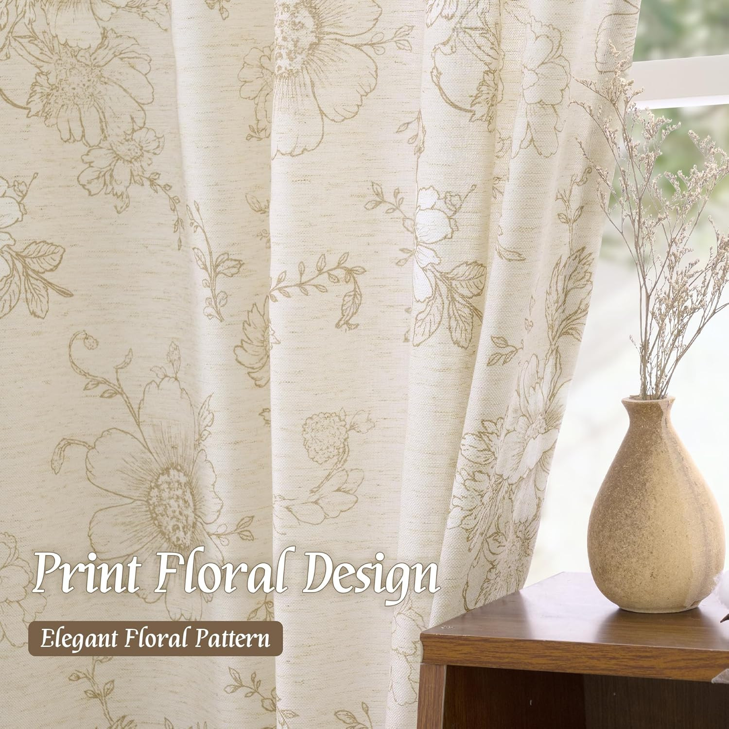 LAMIT Taupe Floral Linen Curtains 63 inch Length, Light Filtering Country Vintag