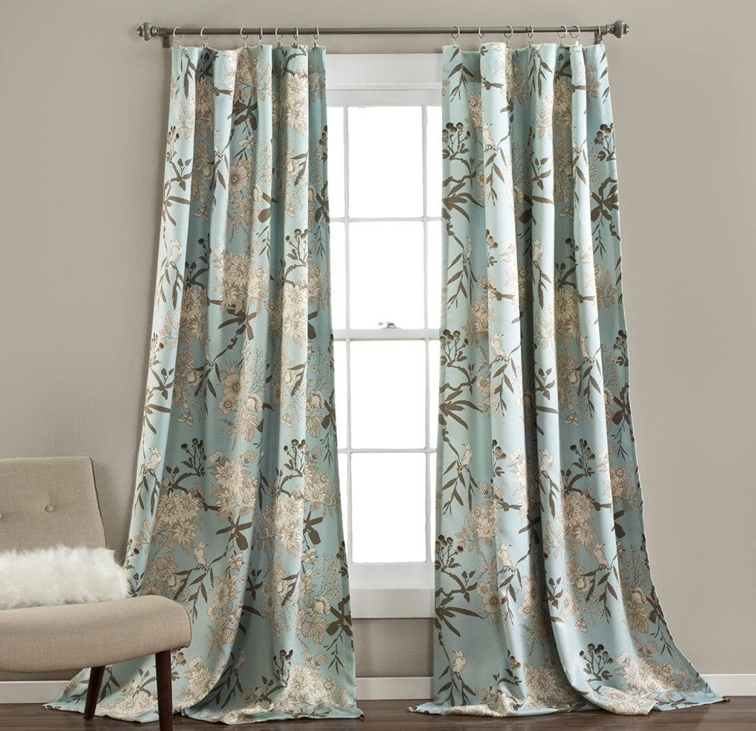 Set 2 Light Blue Brown Floral Birds Curtains Panels Drapes 84 inch L Darkening