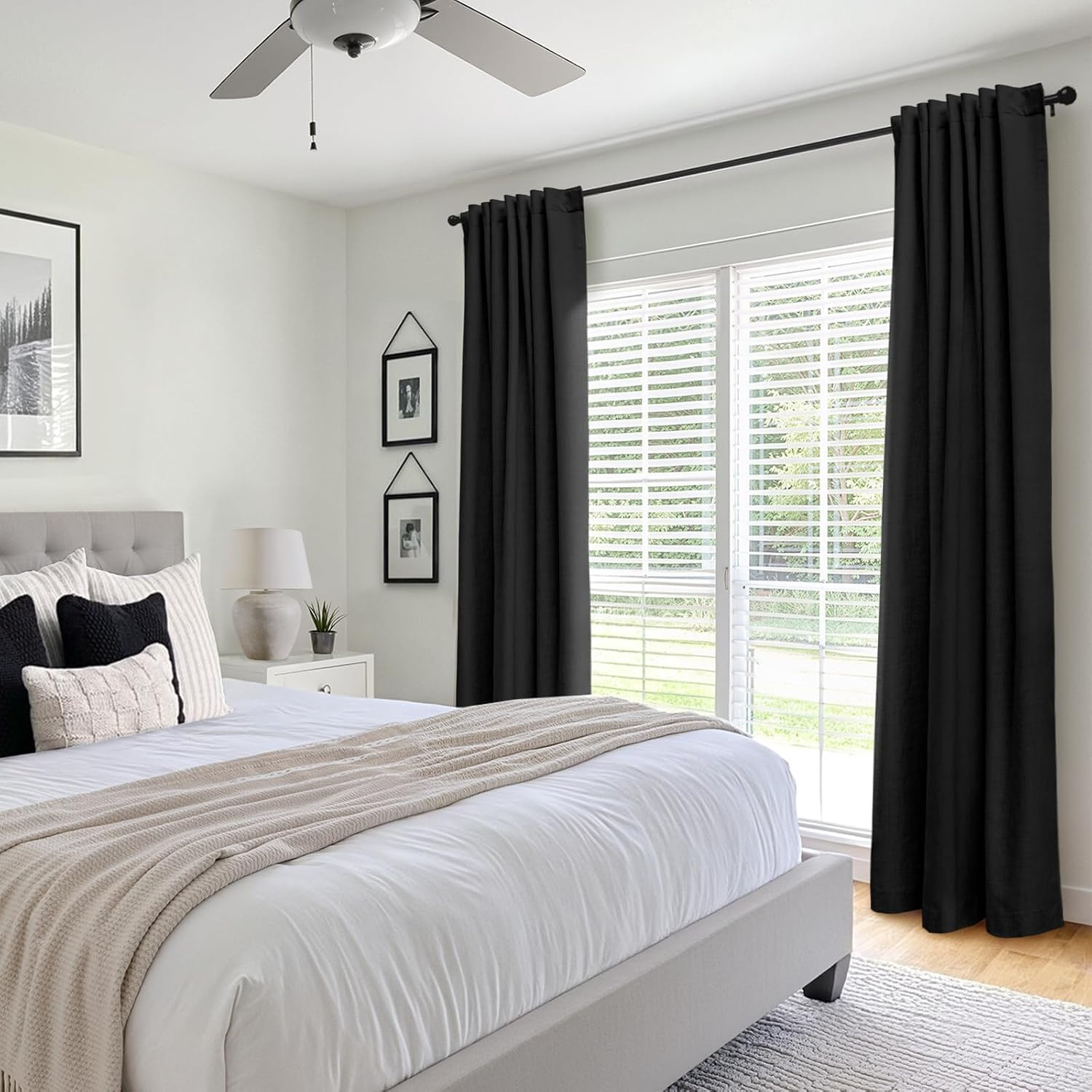 100% Blackout Curtains 84 Inches Length 2 Panels , Back Tab/Rod Pocket Linen Bla