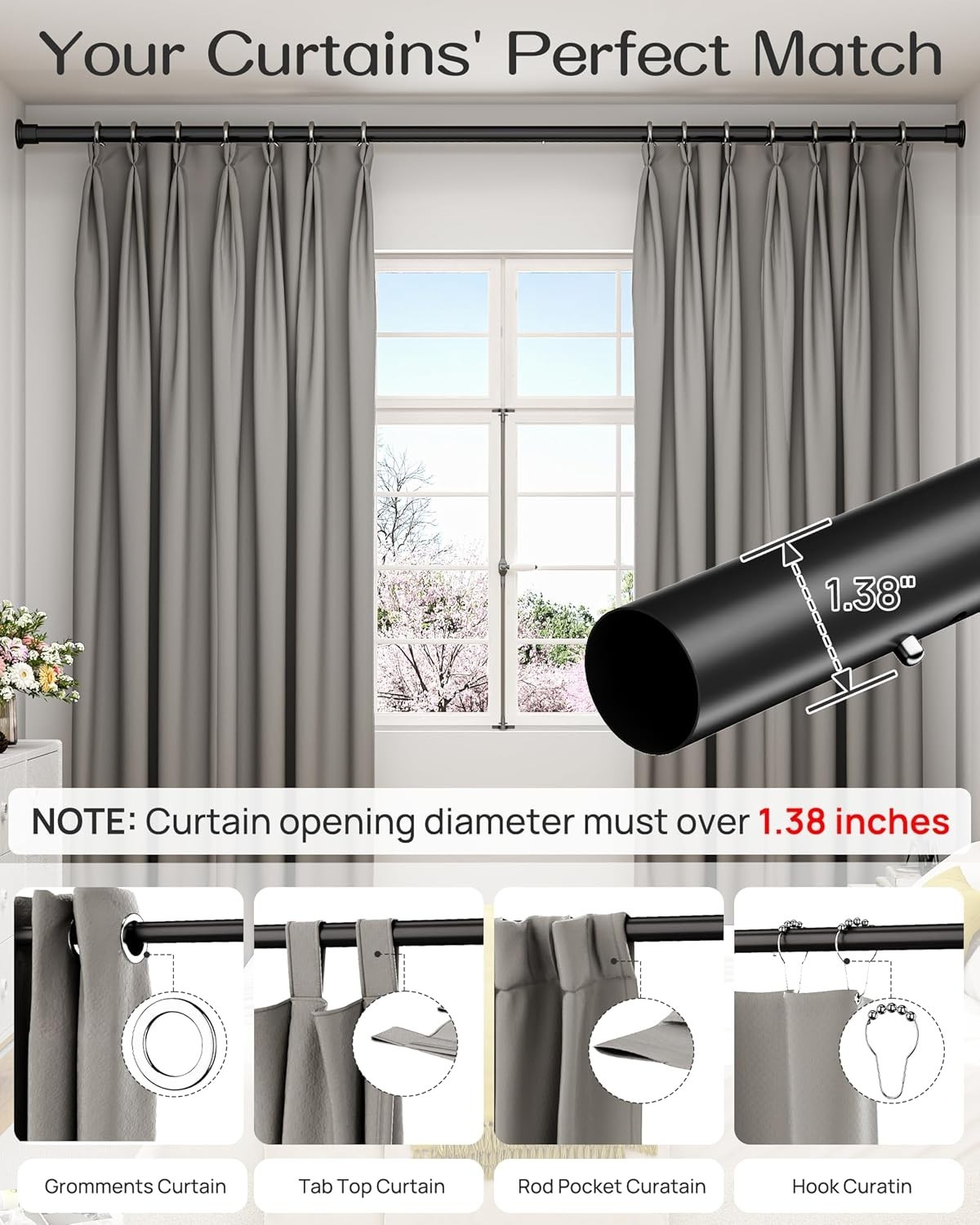 Adjustable Tension Curtain Rod – 42-123 Inches