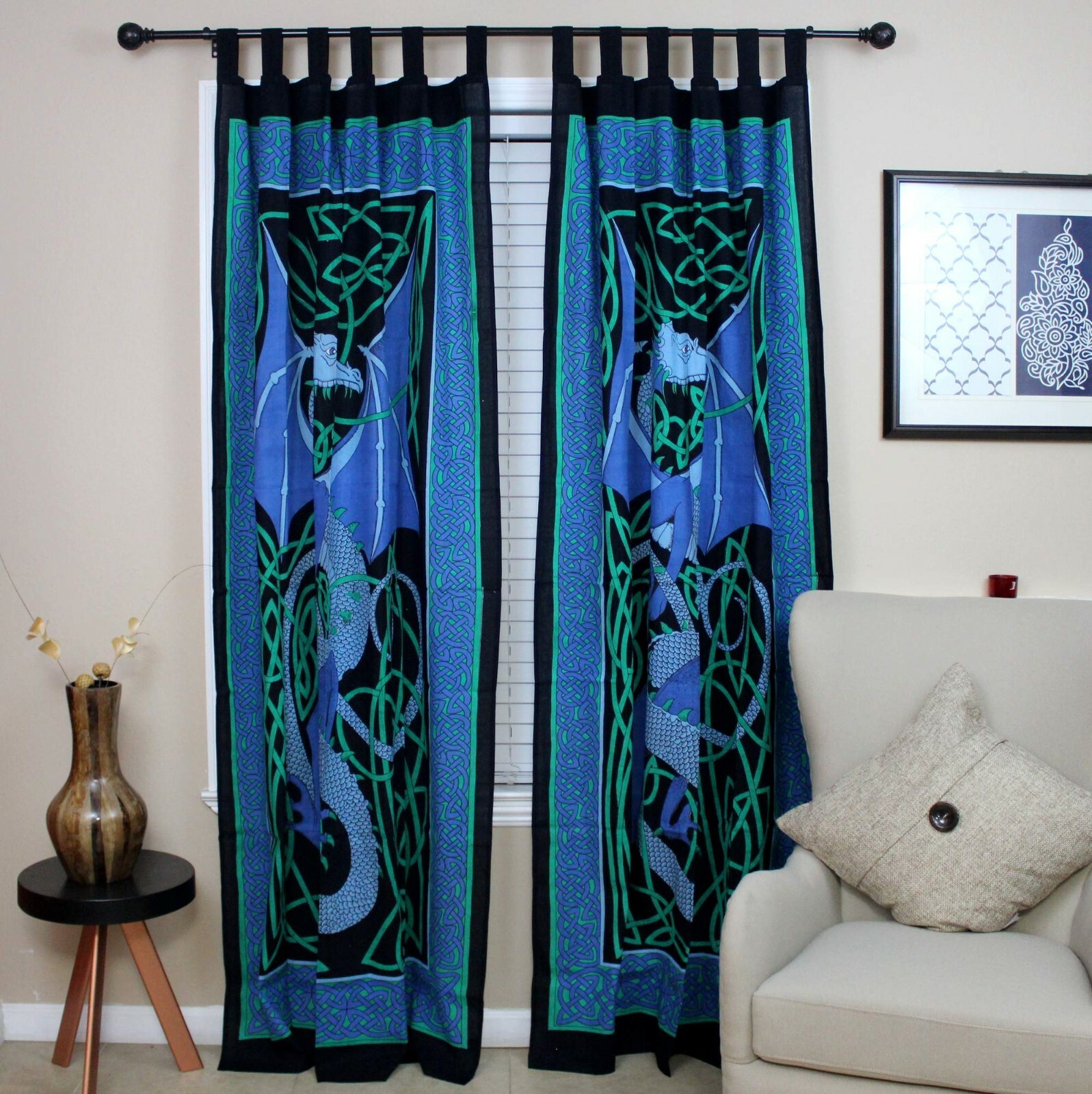 Celtic Dragon Tab Top Cotton Curtain Drape Panel Blue Red Green 44×88 inches
