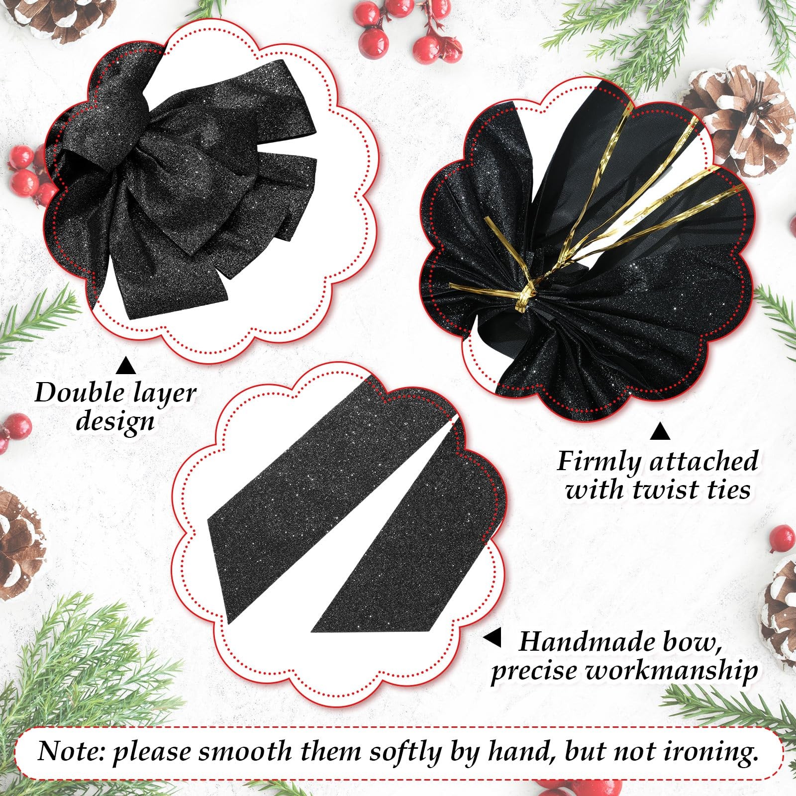 Large Bow Glitter Christmas Bows Hanging Holiday Wreaths Black 9.8×17.7 6 PCS