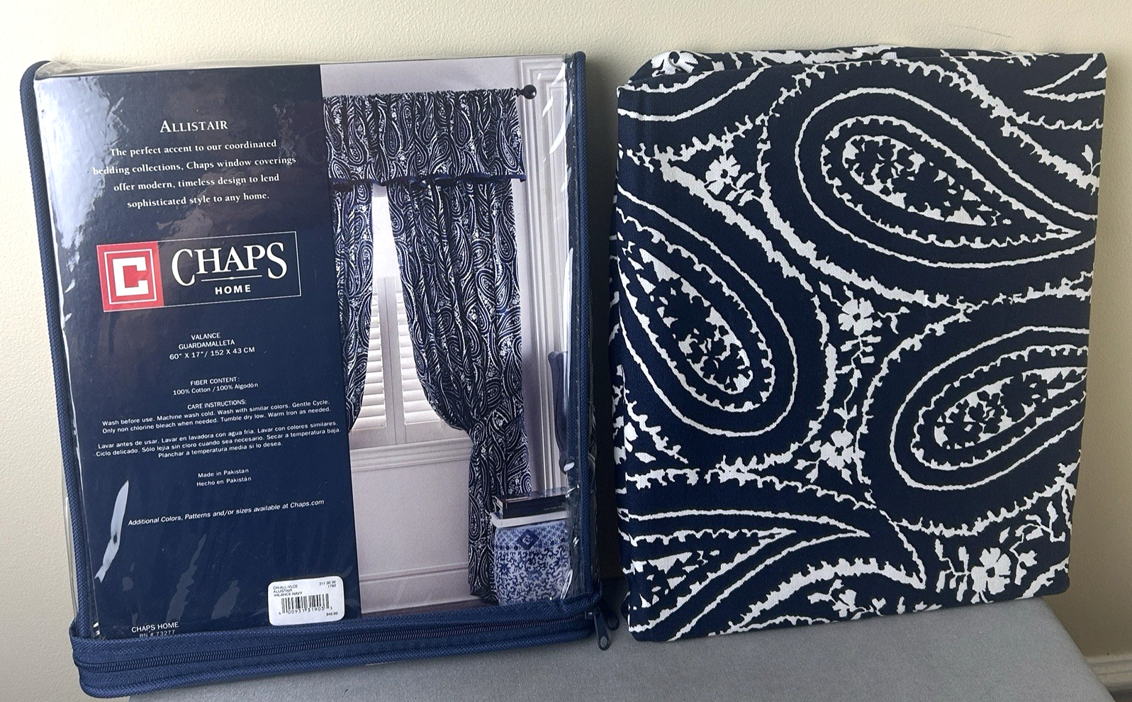 Lot of 2 Chaps Home Allistair Valance NAVY Paisley 60″ x 17″ 100% Cotton