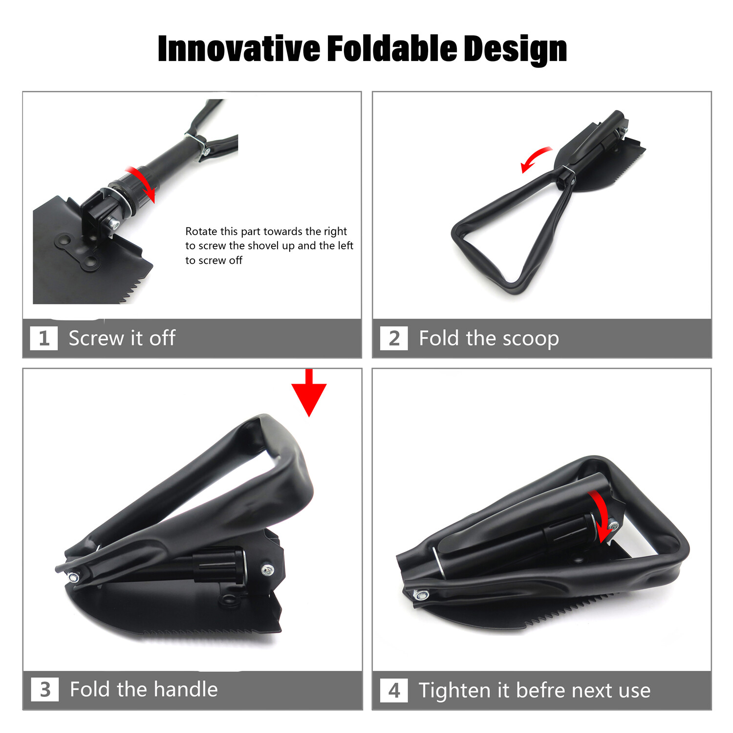 Black Military Style Tri-Fold Shovel Survival Camping Scouting Entrenching Spade