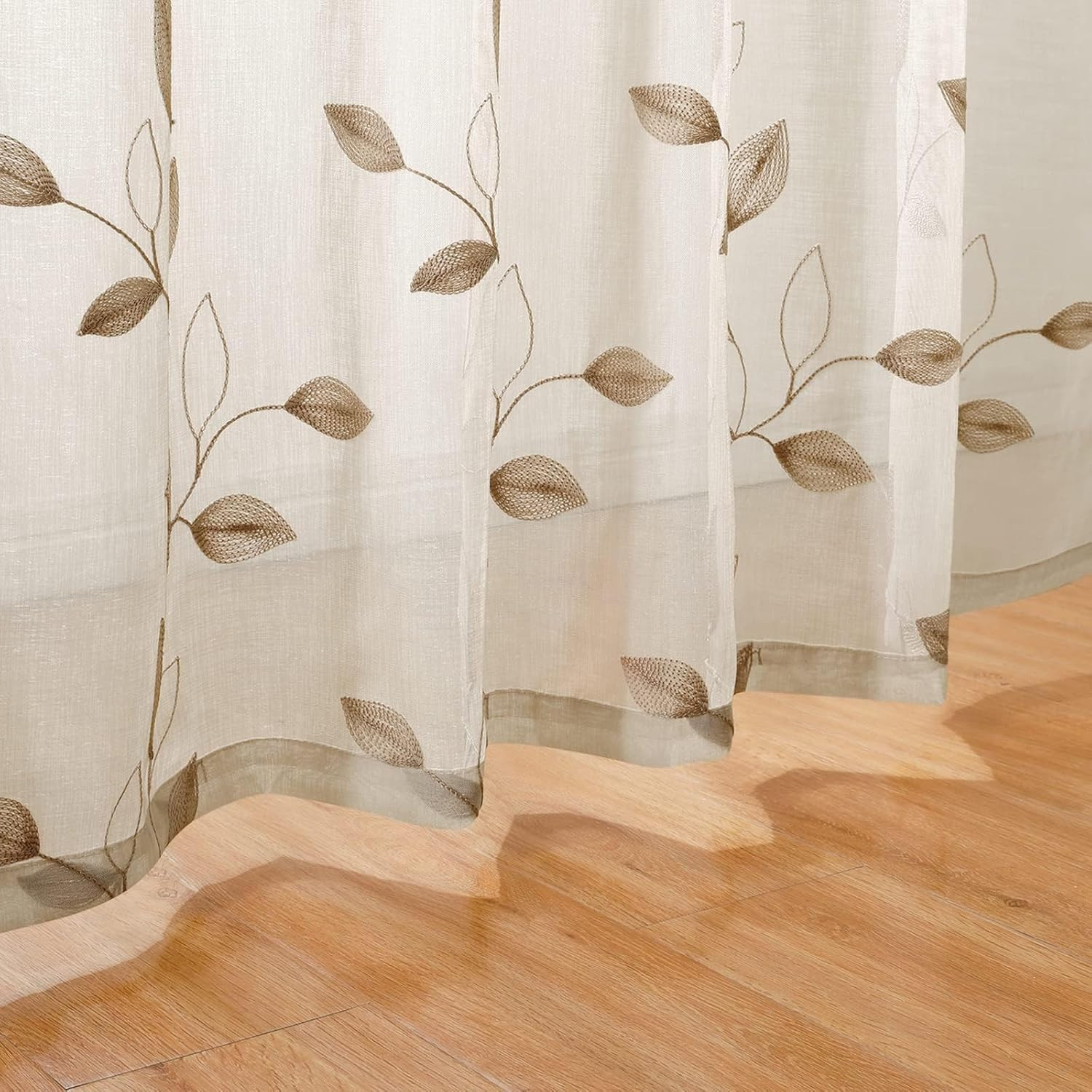 Taupe Sheer Curtains 52 X 63 Inches Length 2 Panels Beige Embroidered Leaf Patte