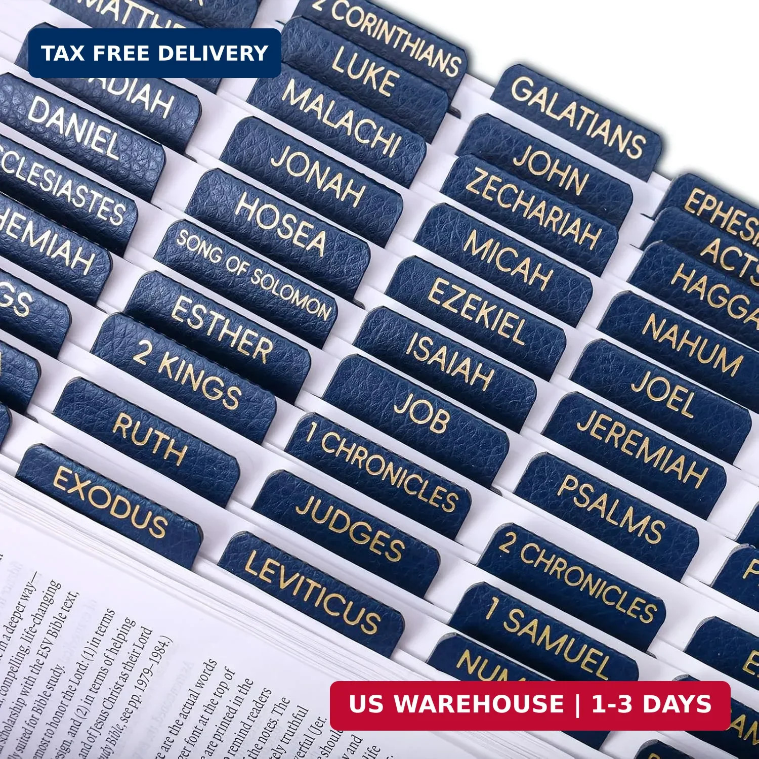 XKDOUS Blue Leather Bible Tabs, Large Print Gold Foil Bible Tabs for Men Women,