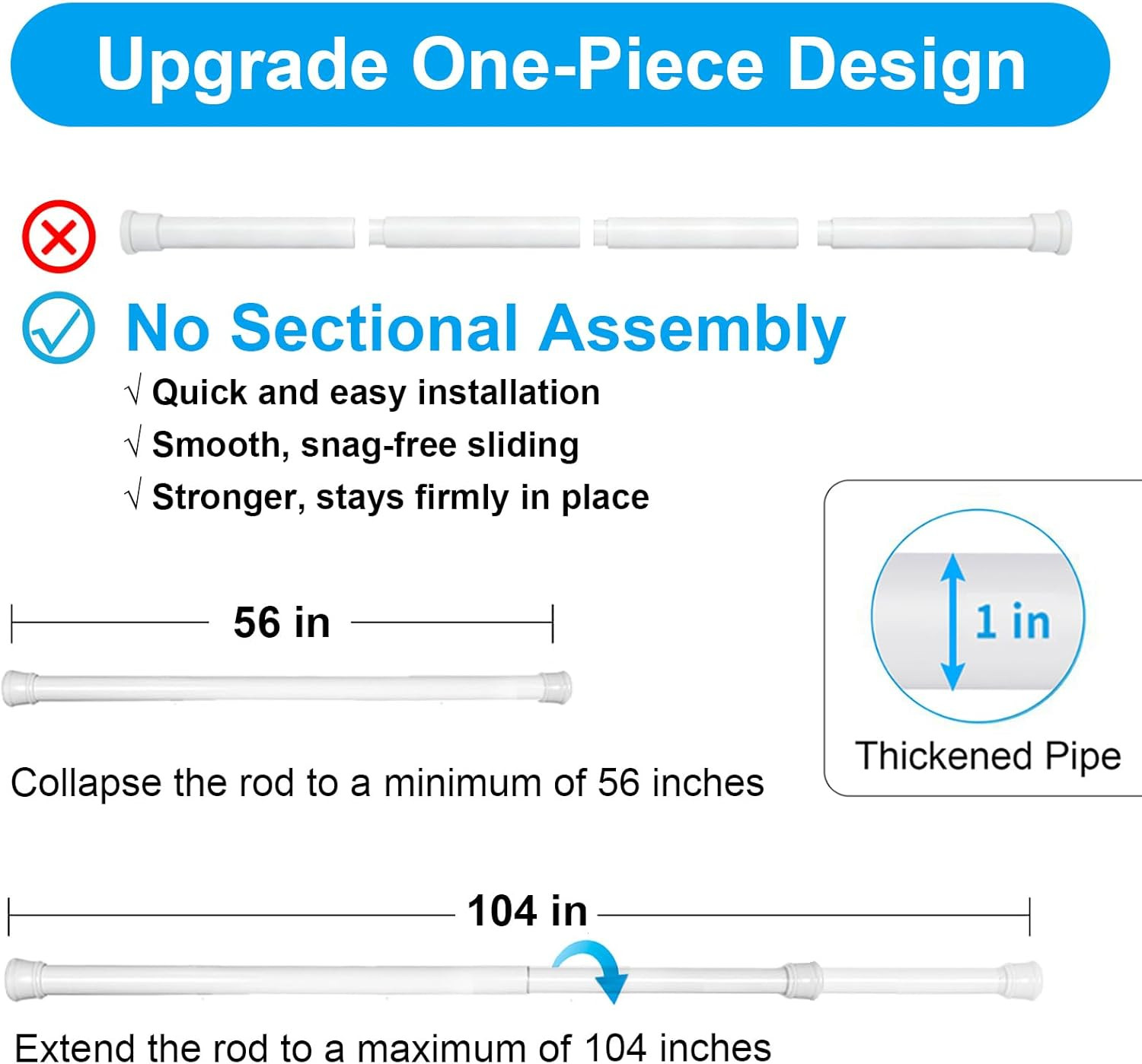 2 Pack No Sectional Assembly Tension Curtain Rod 56-104 Inch, 1″ Diameter Spring