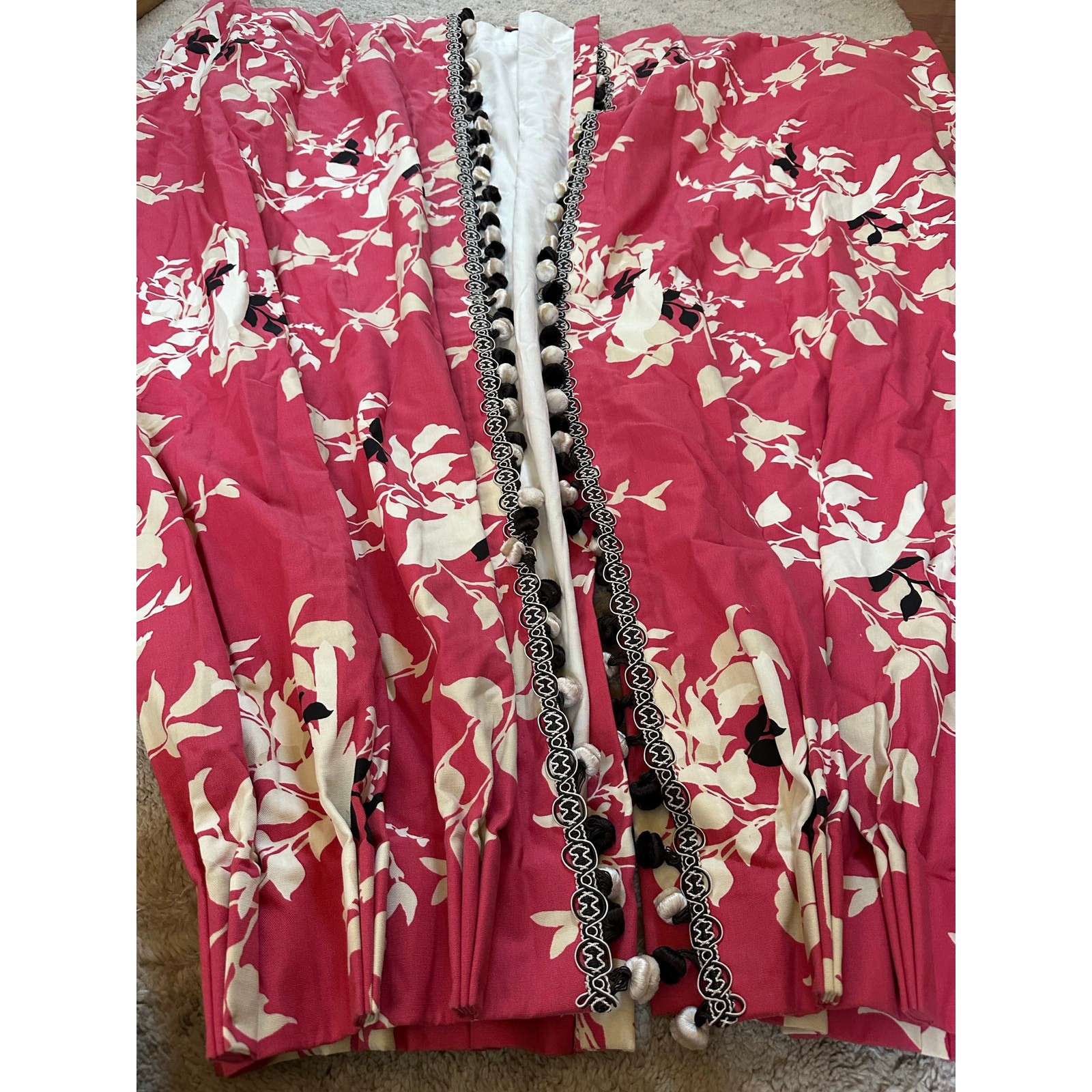 2 Custom Pair drapes pink Black White Curtains Pink Pom Poms luxury set pleated