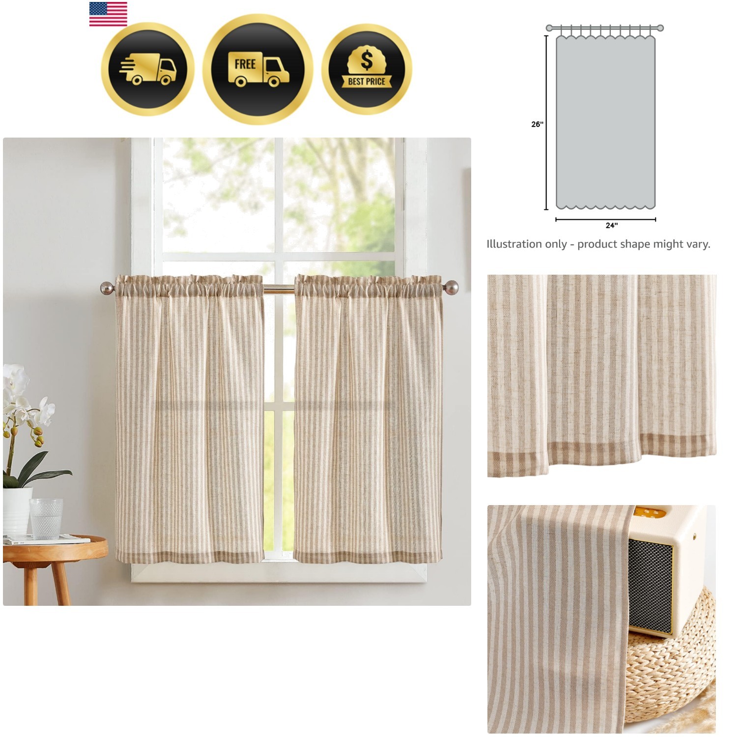 Stripe Farmhouse Kitchen Curtains 24 Inch Length Linen Cafe Curtains Tickings…
