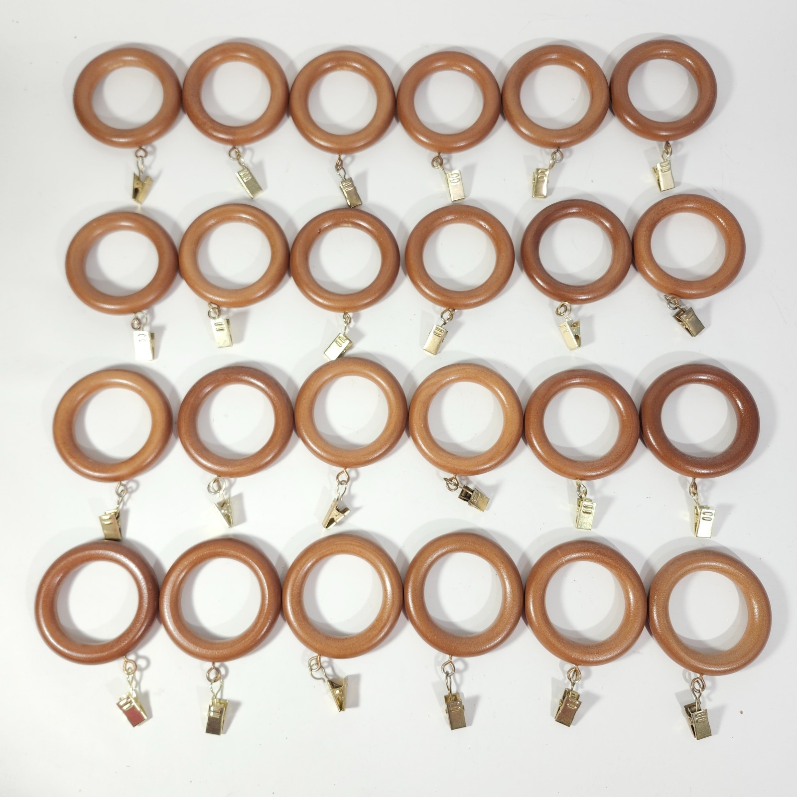 Wood Drapery Curtain Rings for 1.5″ Rod Lot of 24 Brown with Eyelets and Clamps