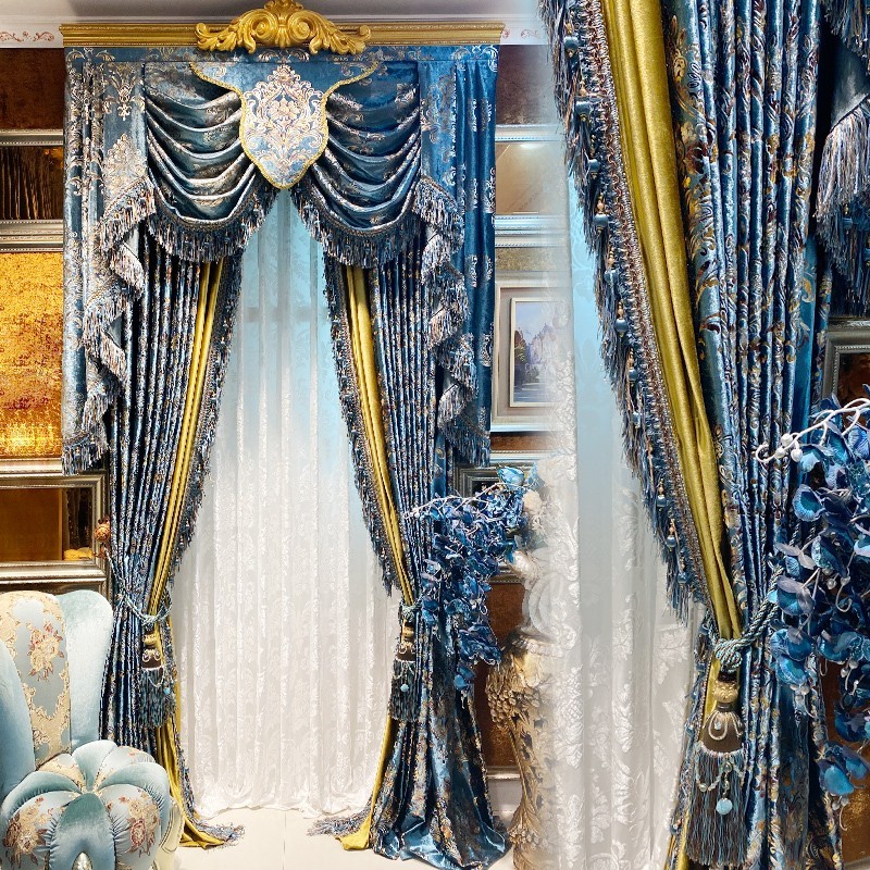 luxury European French retro valance blue velvet cloth curtain tulle M1842