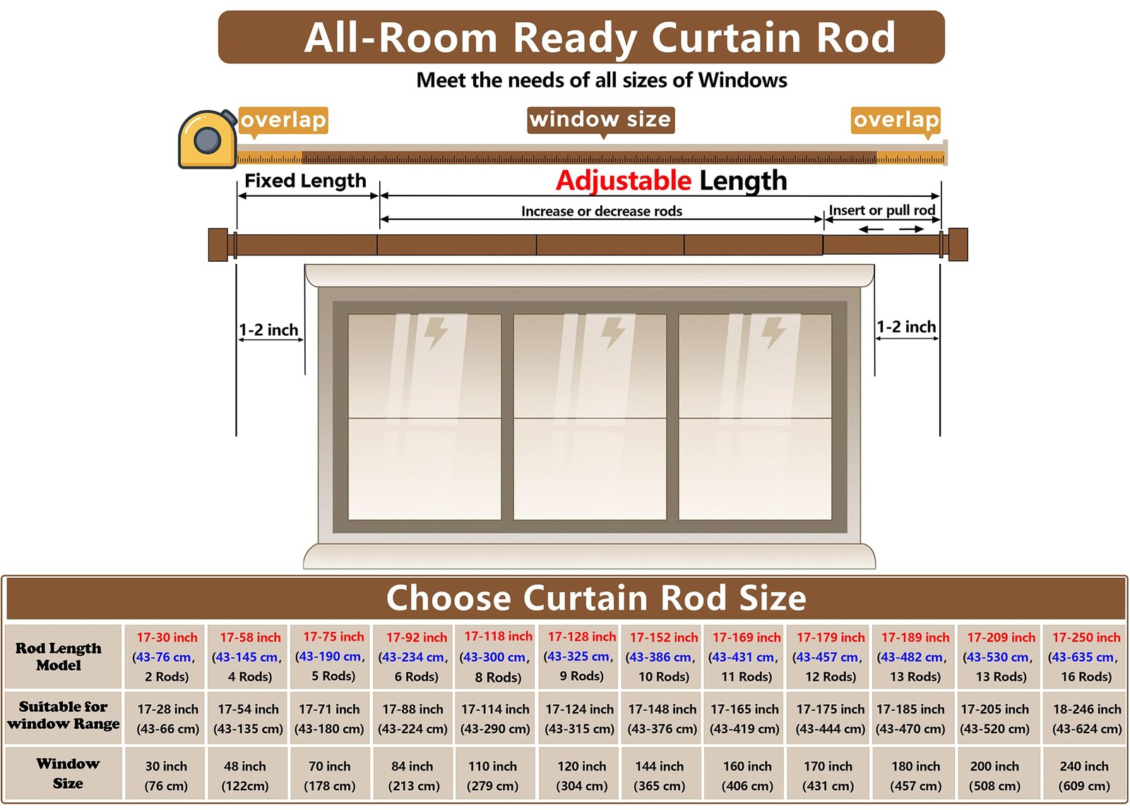 17-178 inch Adjustable Curtain Rod Heavy Duty 15 ft Matte Black 1 inch Thick