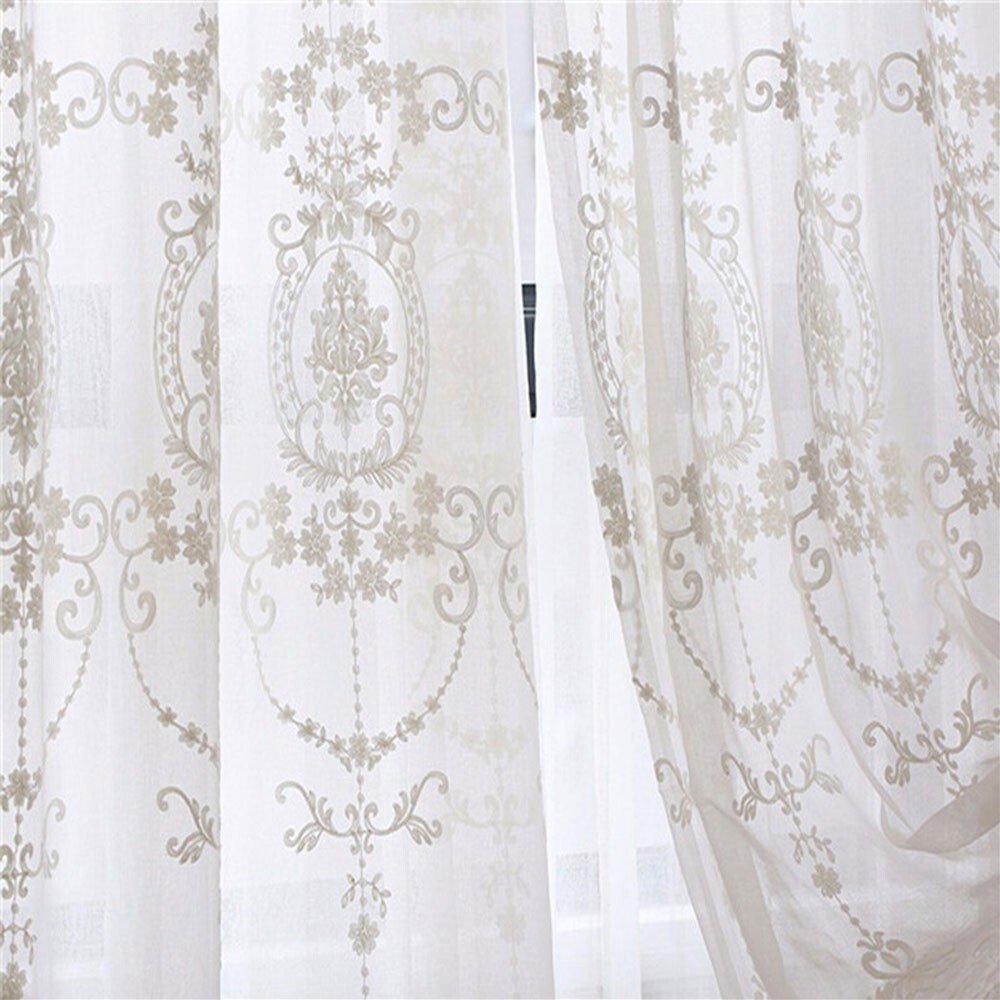 White Embroidery Floral Sheer Curtains Voile Drapes Panels Grommet Top Bedroom