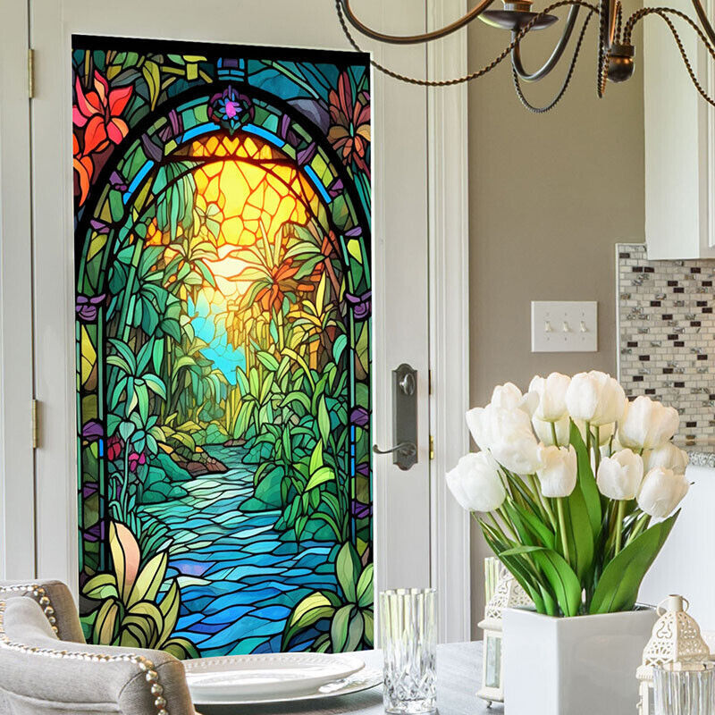 Stained Colorful Tropical Plant Flower Ocean Sunrise Window Glass Stickers PVC