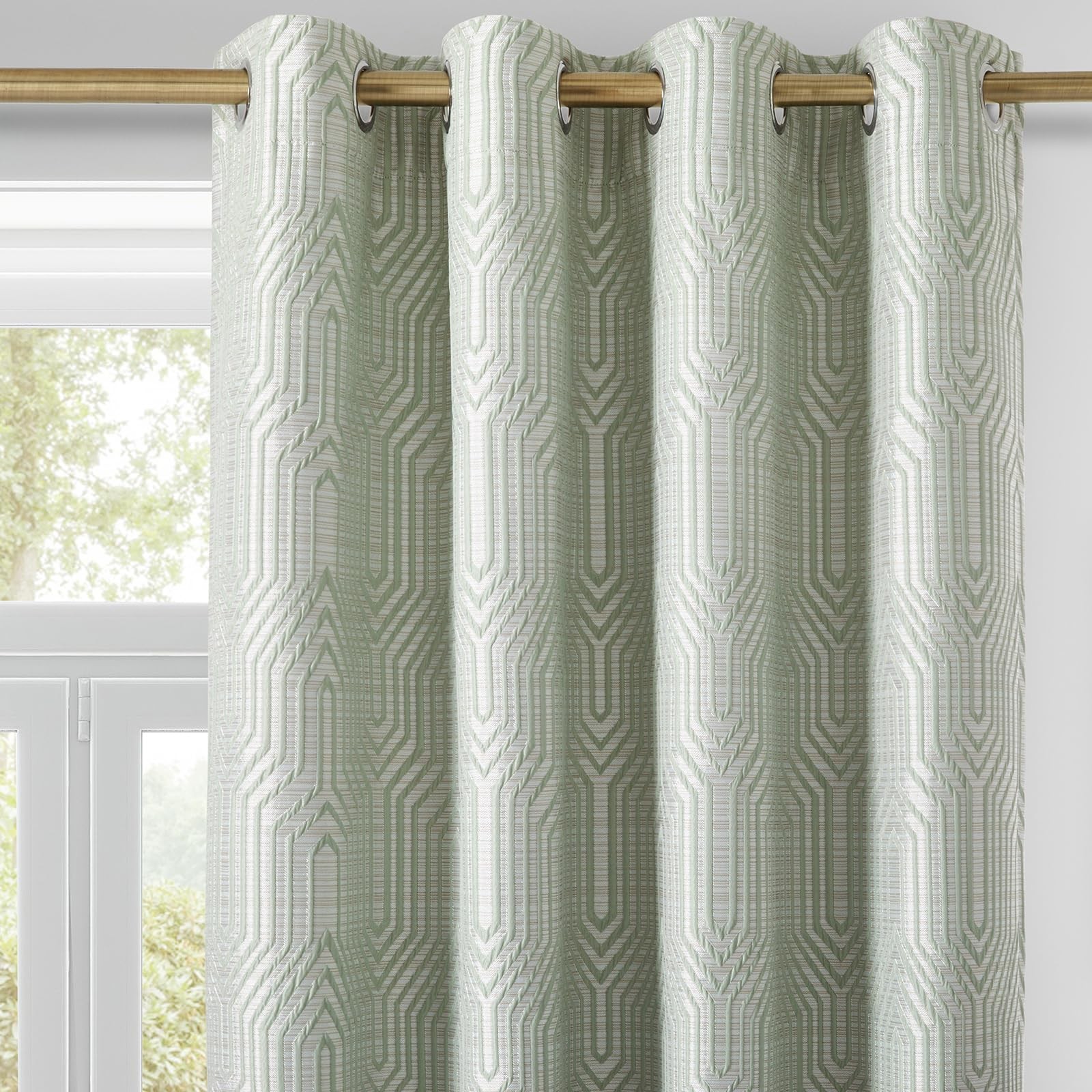 Drapexpert Mint Green And Silvery 100 Blackout Jacquard Geometric Pattern