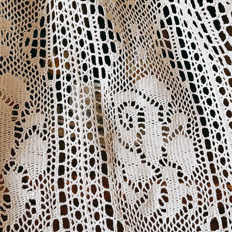 Vintage Hand Crochet Lace Rose Flower Curtain Tiers Kitchen Cafe Valance Drapes