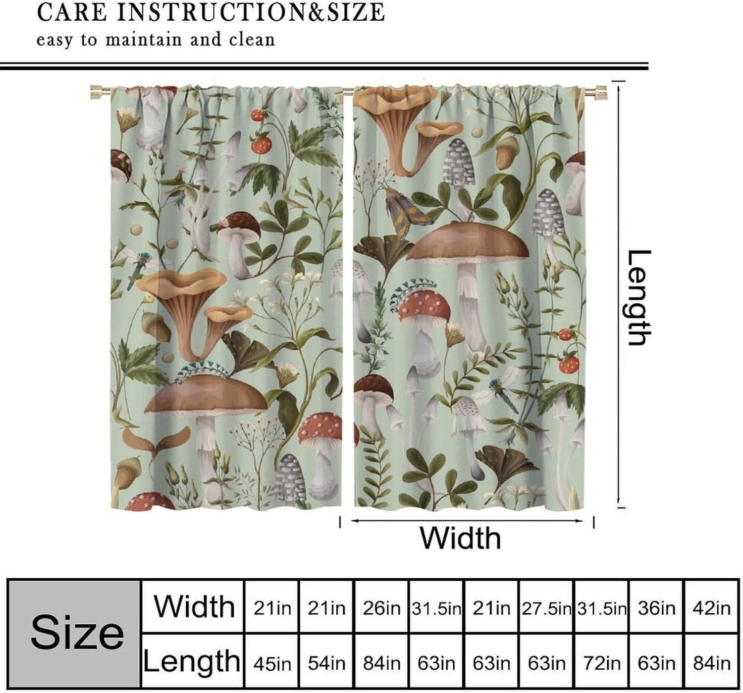 Mushroom Leaf Window Curtains, Nature Green Plant Retro Cartoon Pattern Printed