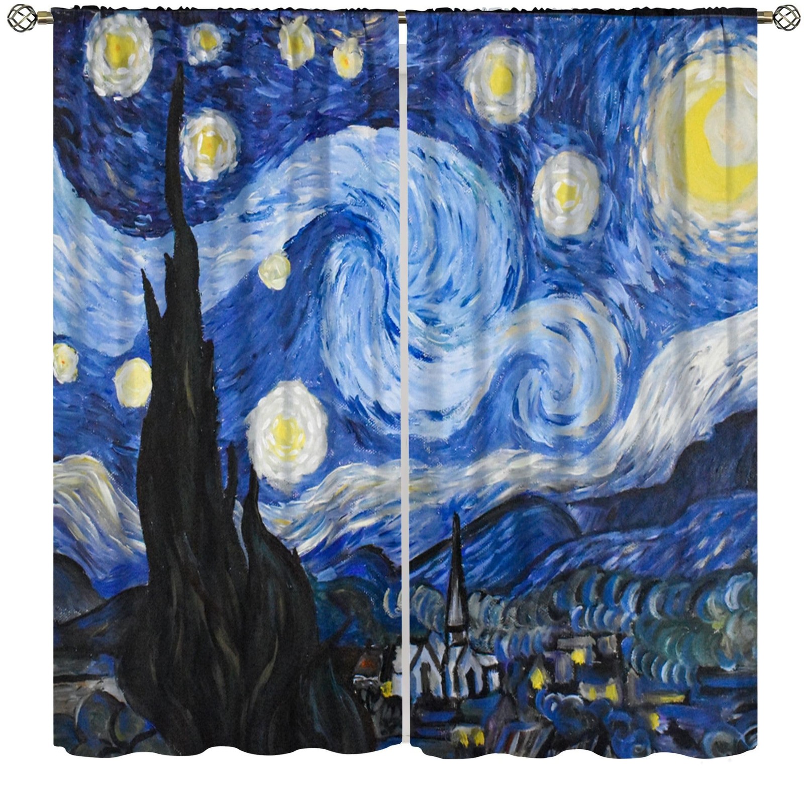 Starry Night Curtains Vintage Oil Painting Star Moon Rustic Blue Abstract Art…