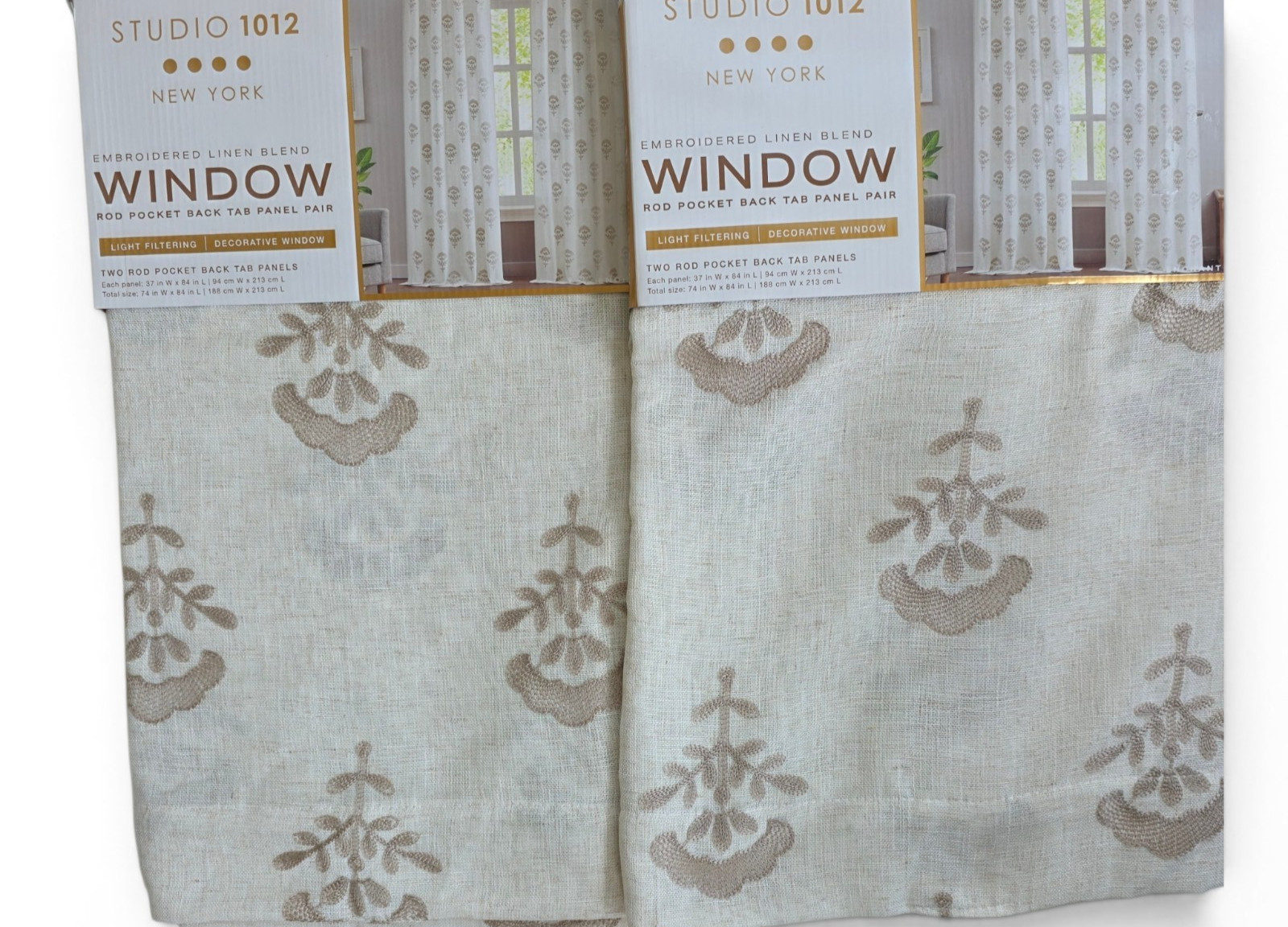 Studio 1012 Embroidered Linen Blend Curtain Panels 37×84 Beige Set of 4
