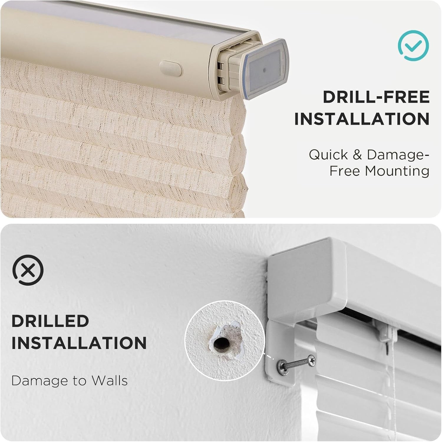 No Drill Linen Cellular Blinds for Indoor Windows, Light Filtering Cordless
