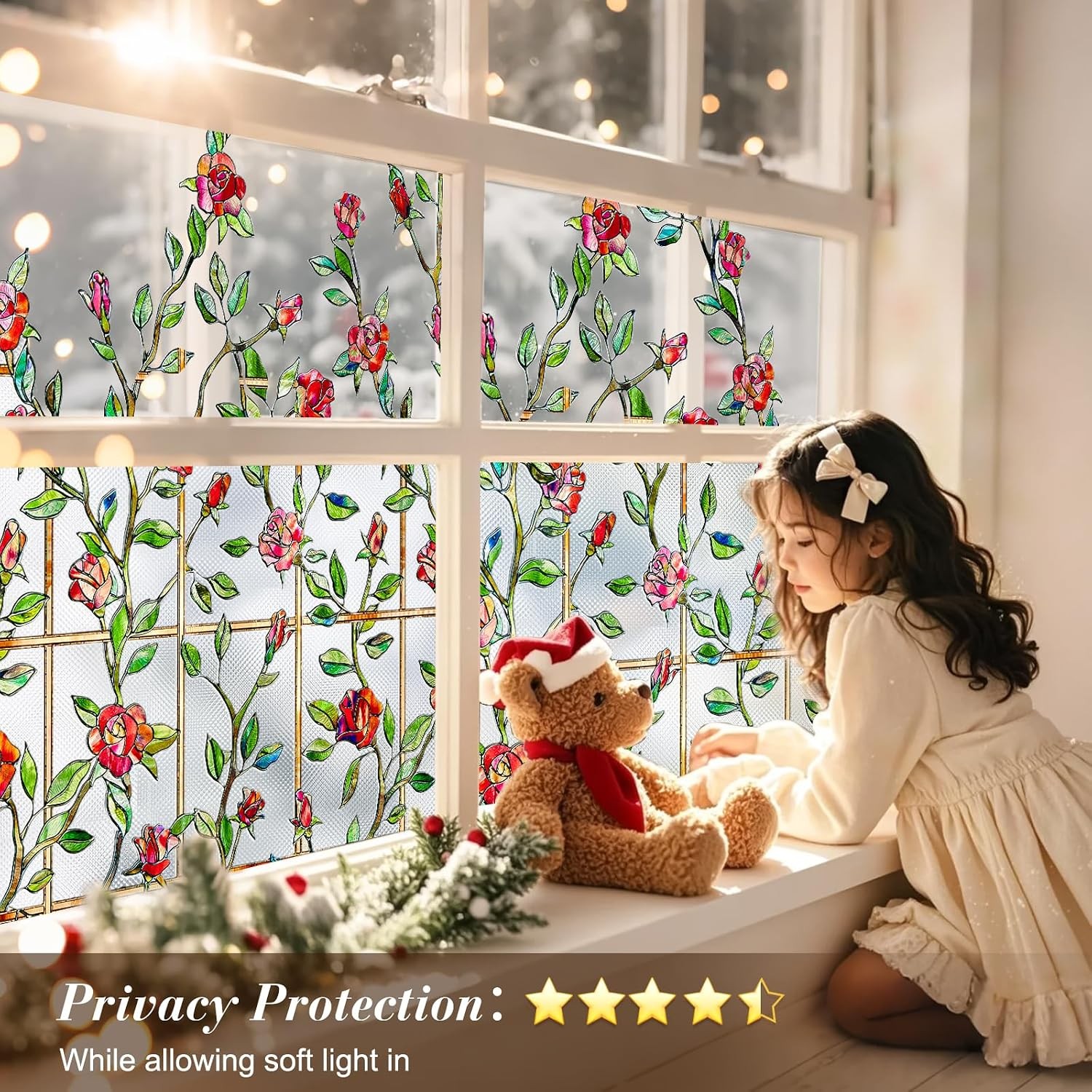 3D Rose Floral Decorative Window Covering, Light Diffusing Privacy Static Cling