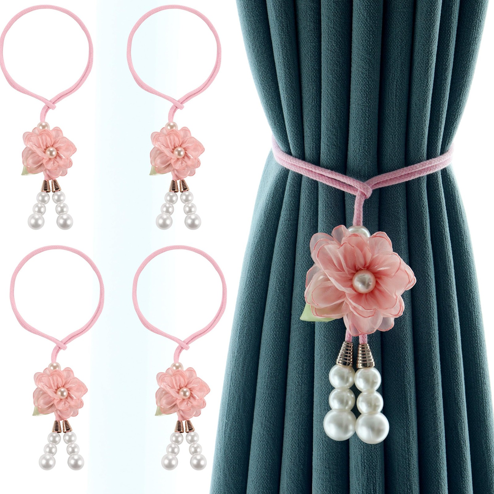 Adjustable Curtain Tiebacks， 4-Pack Hand-Woven Rope with Silk Flower & Pearl，…