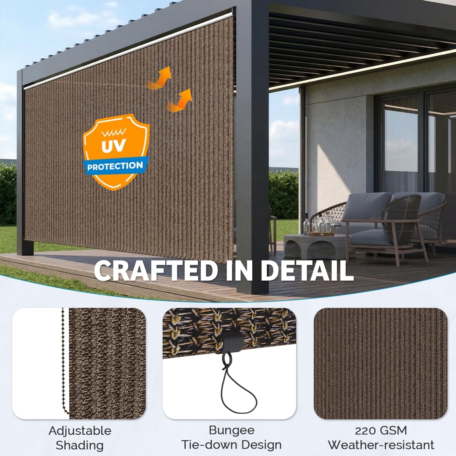 Outdoor Roller Shade 99% UV Protection HDPE Fabric Cordless Privacy Screen Patio
